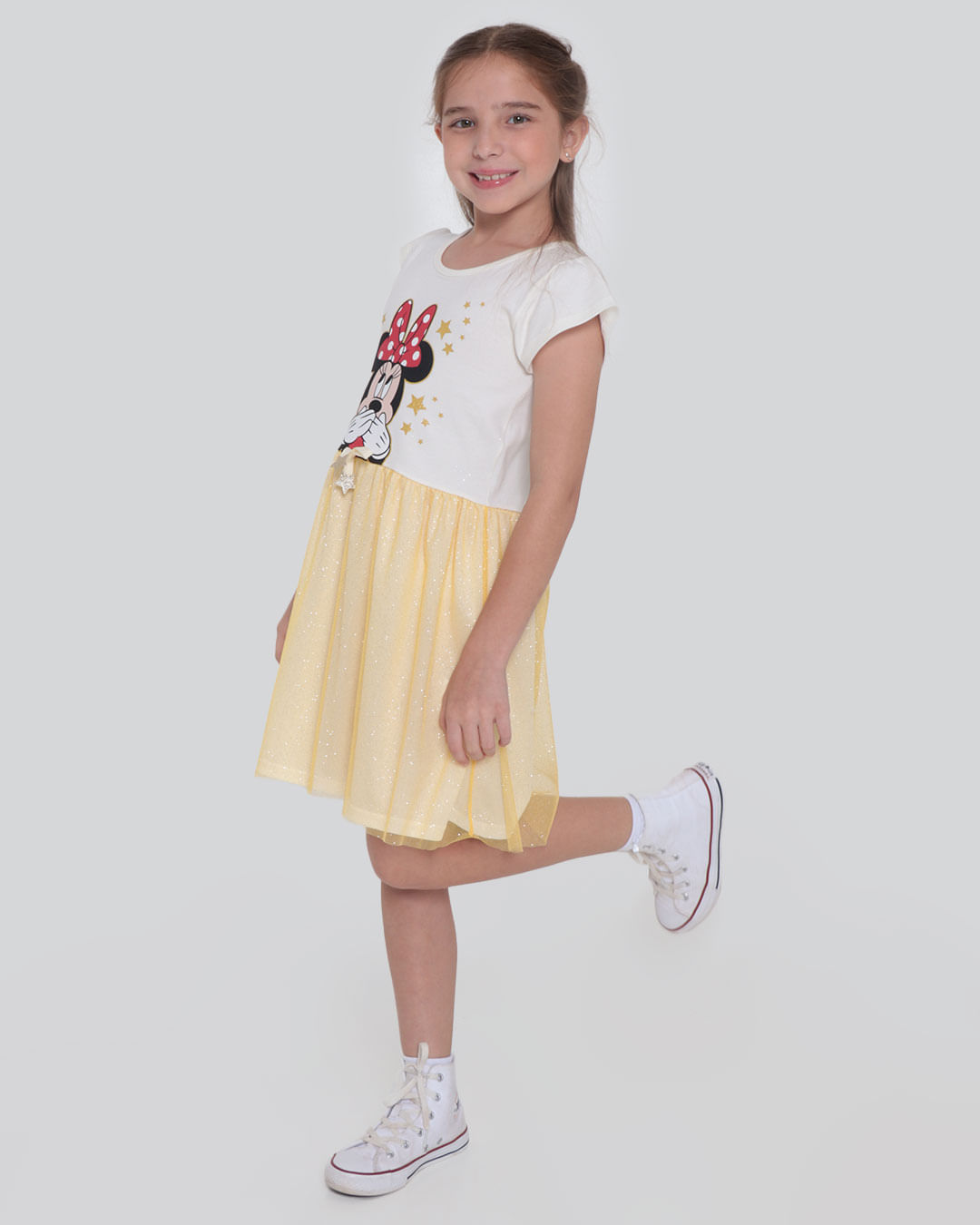 Vestido Infantil Tule Glitter Estampa Minnie Disney Off White