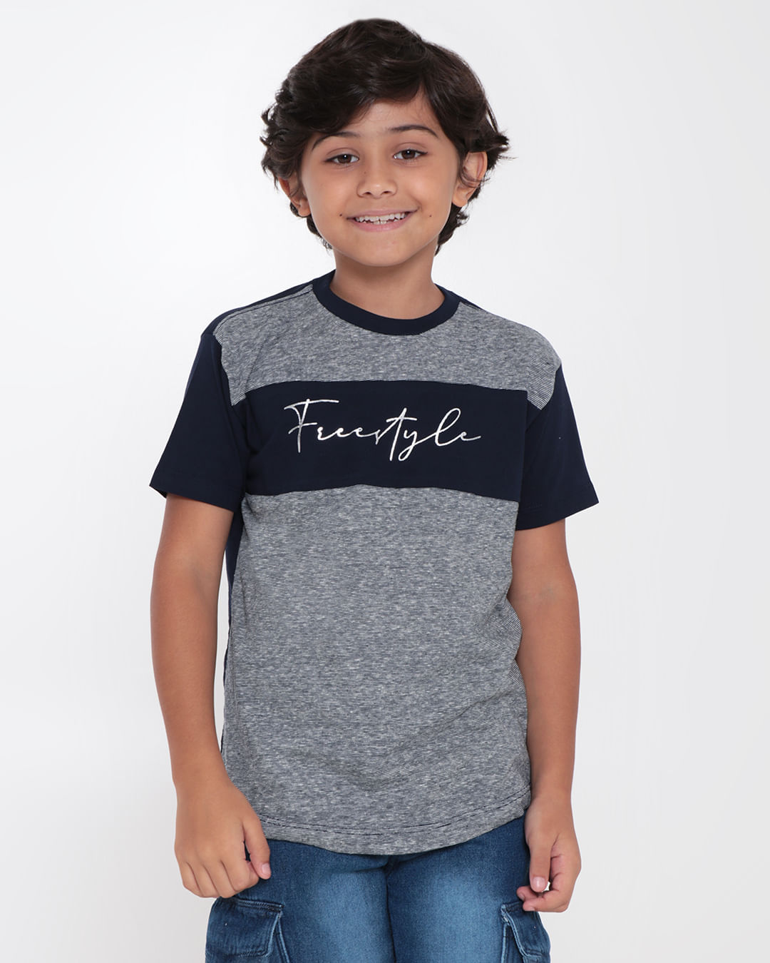 Camiseta Infantil Recorte Listrado Frees Style Marinho