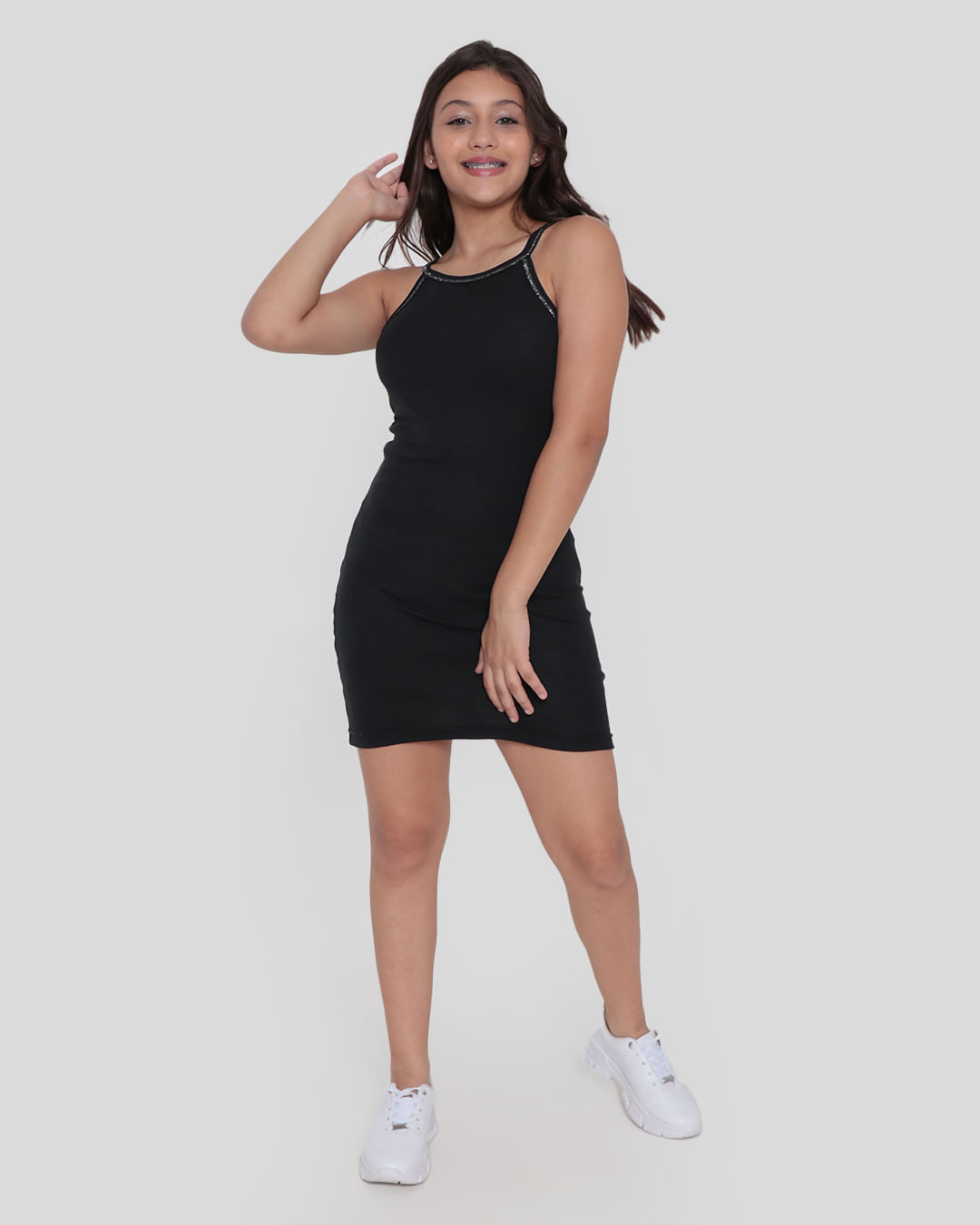 Vestido Juvenil Canelado Preto