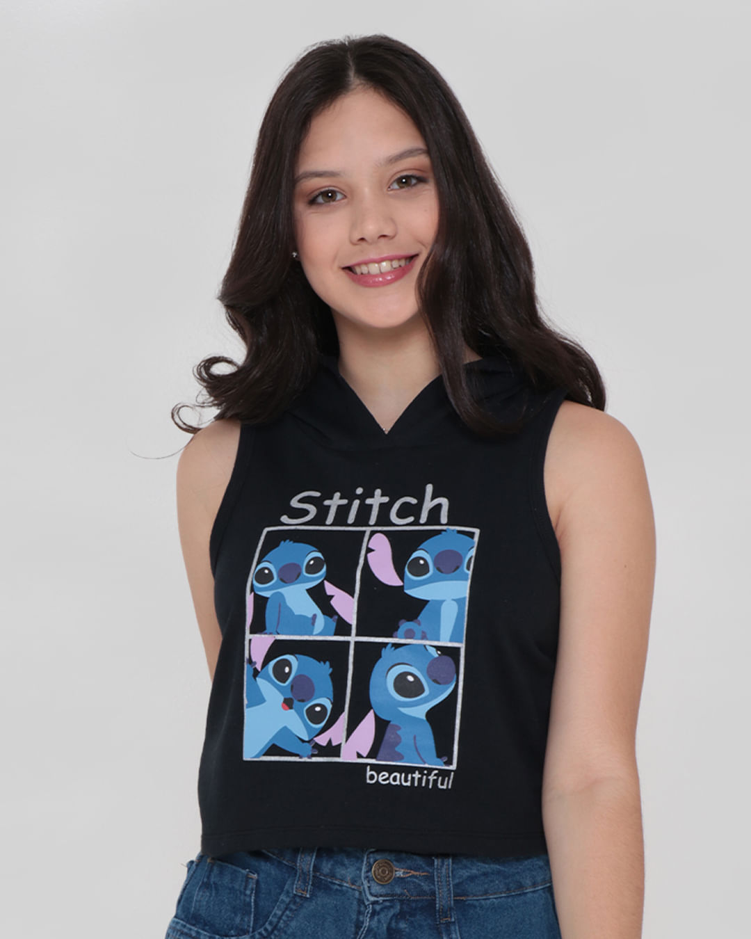 Blusa Regata Juvenil Moletinho Stitch Disney Preta