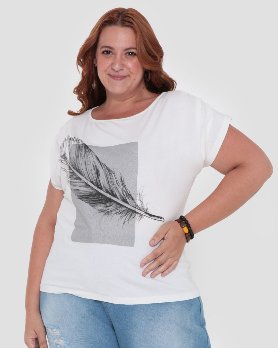 Blusa Plus Size Feminina Estampa Folha Strass Off White