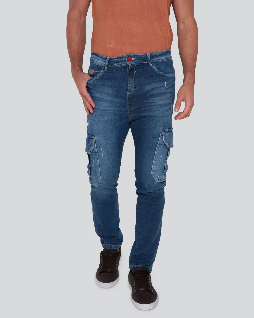 Calça Jeans Masculina Reta Cargo Puídos Azul