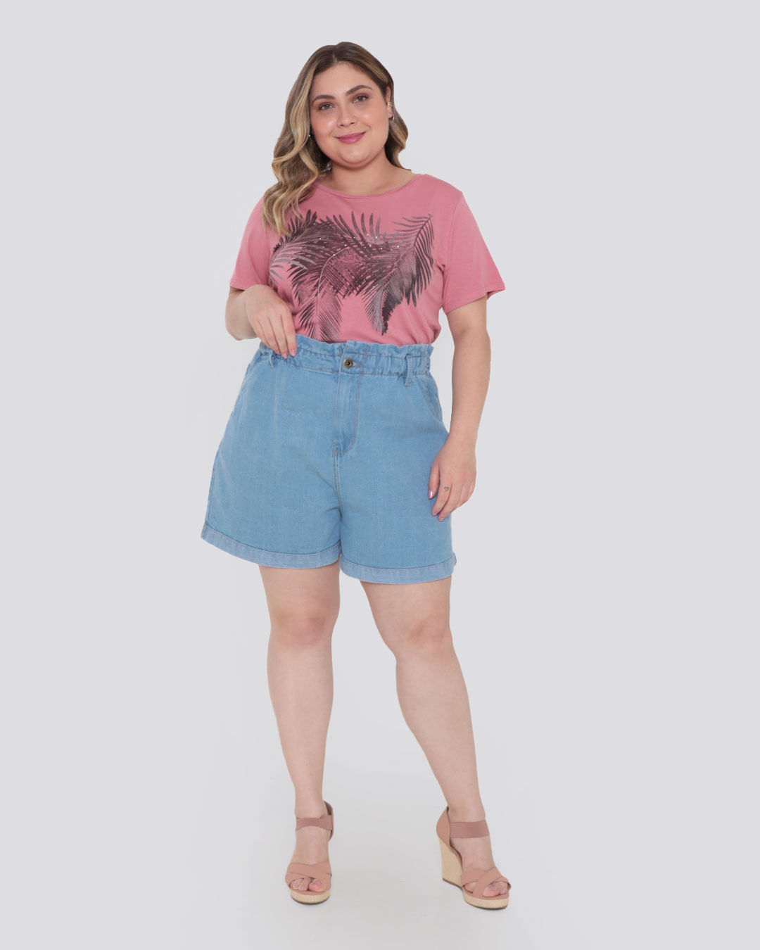 Blusa Feminina Plus Size Mullet Strass Folhagem Rosa
