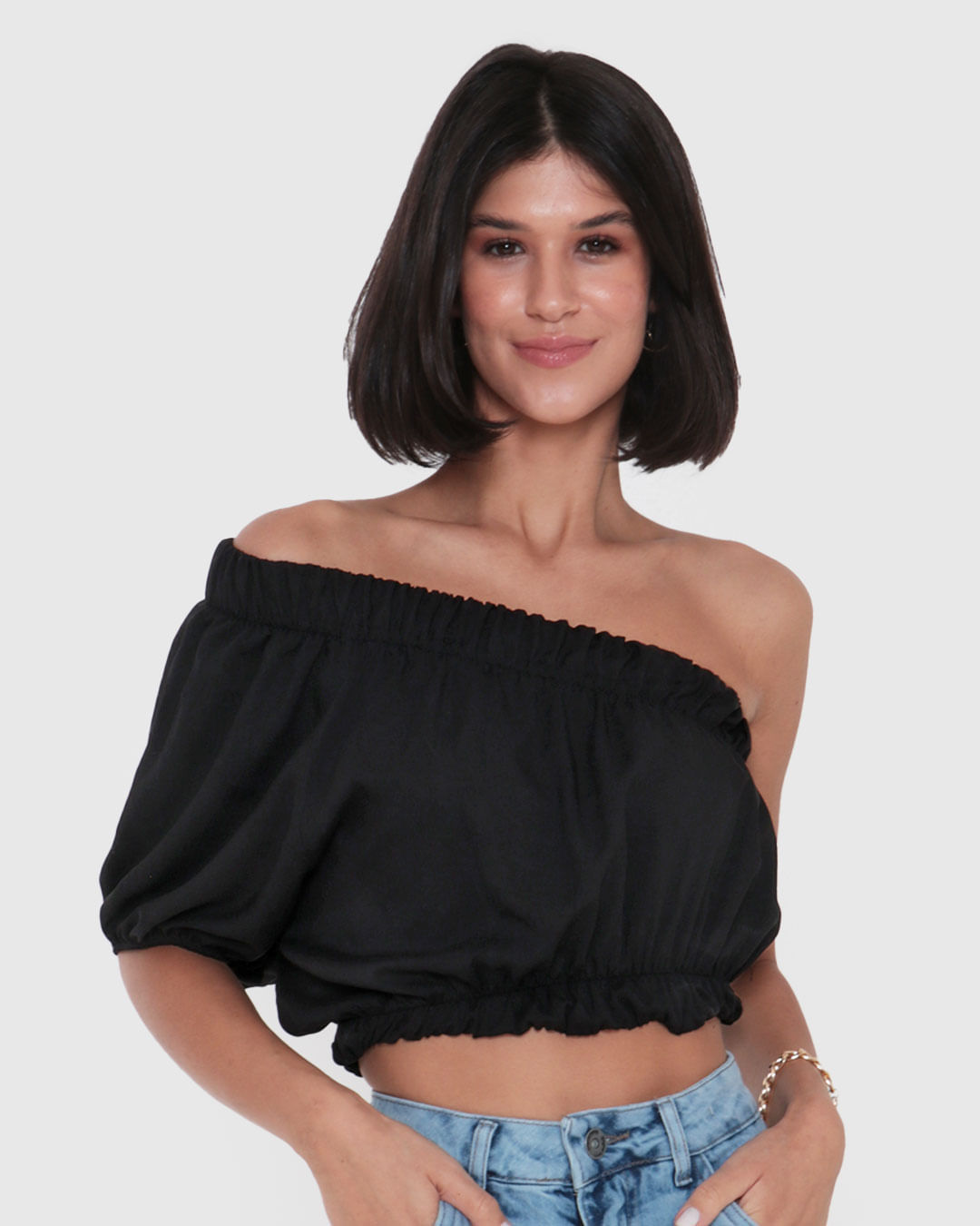 Blusa Feminina Viscose Cropped Ombro Só Preta