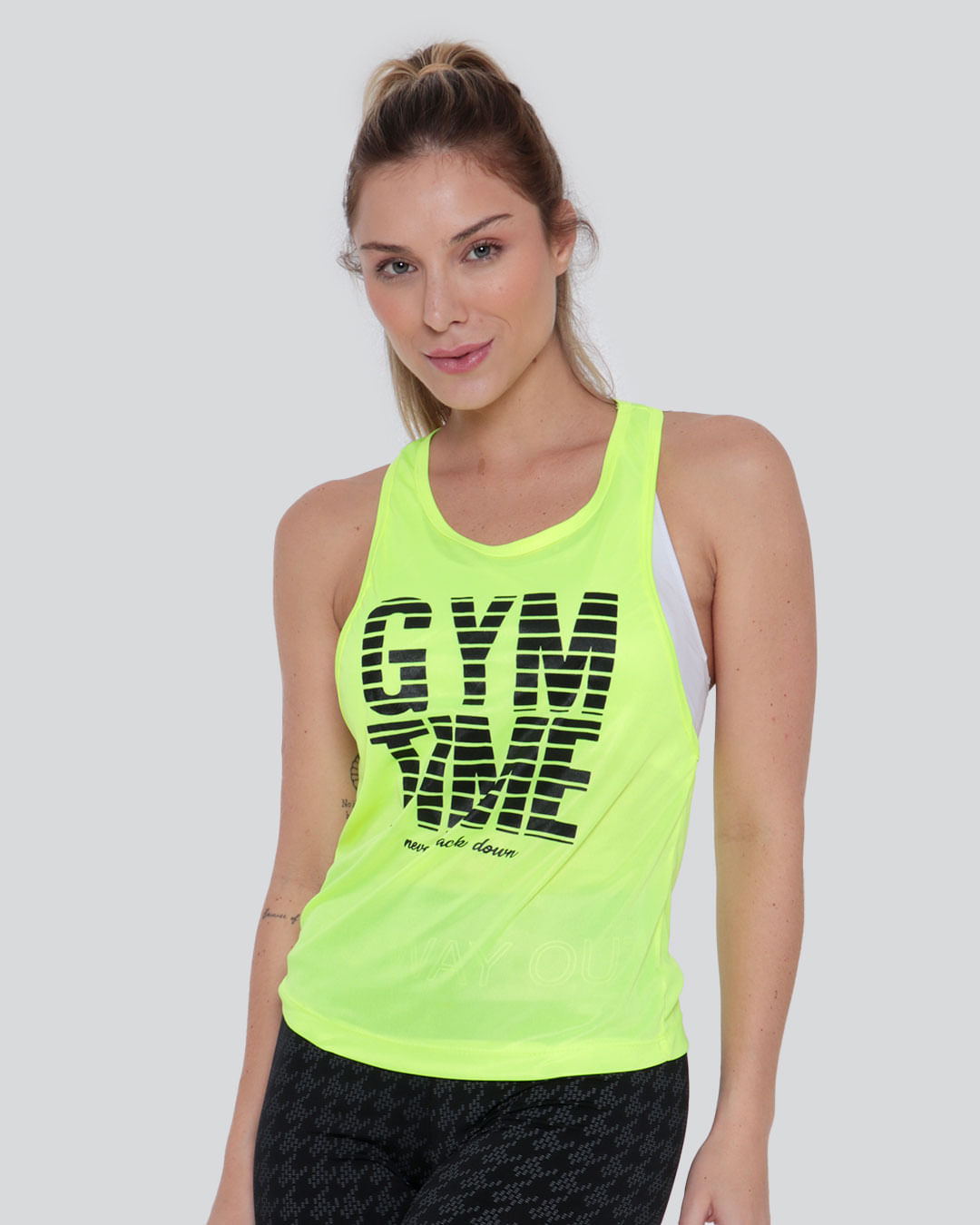 Regata Feminina Fitness Estampa Gym Time Amarelo Neon