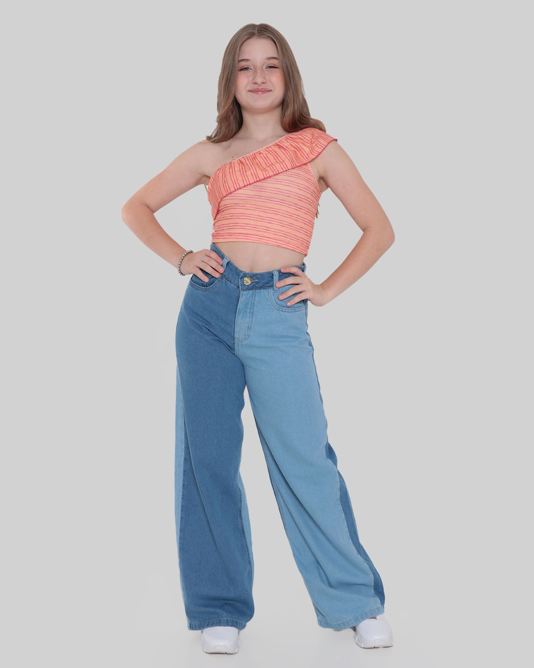 Blusa Cropped Juvenil Um Ombro Só Babados Laranja