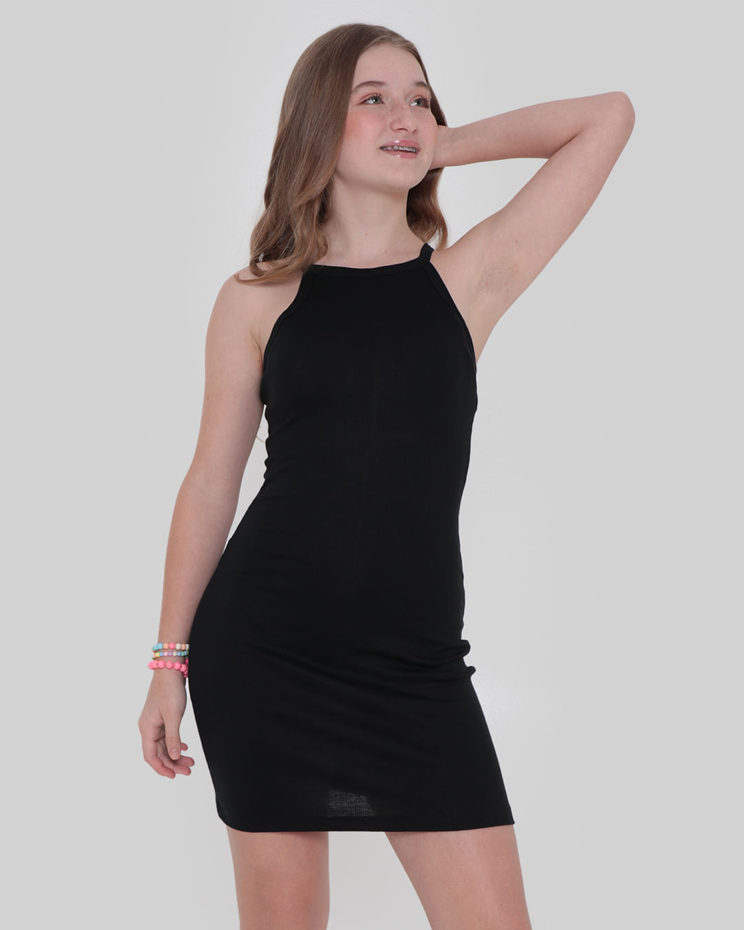 Vestido Juvenil Malha Canelada Halter Neck Preto