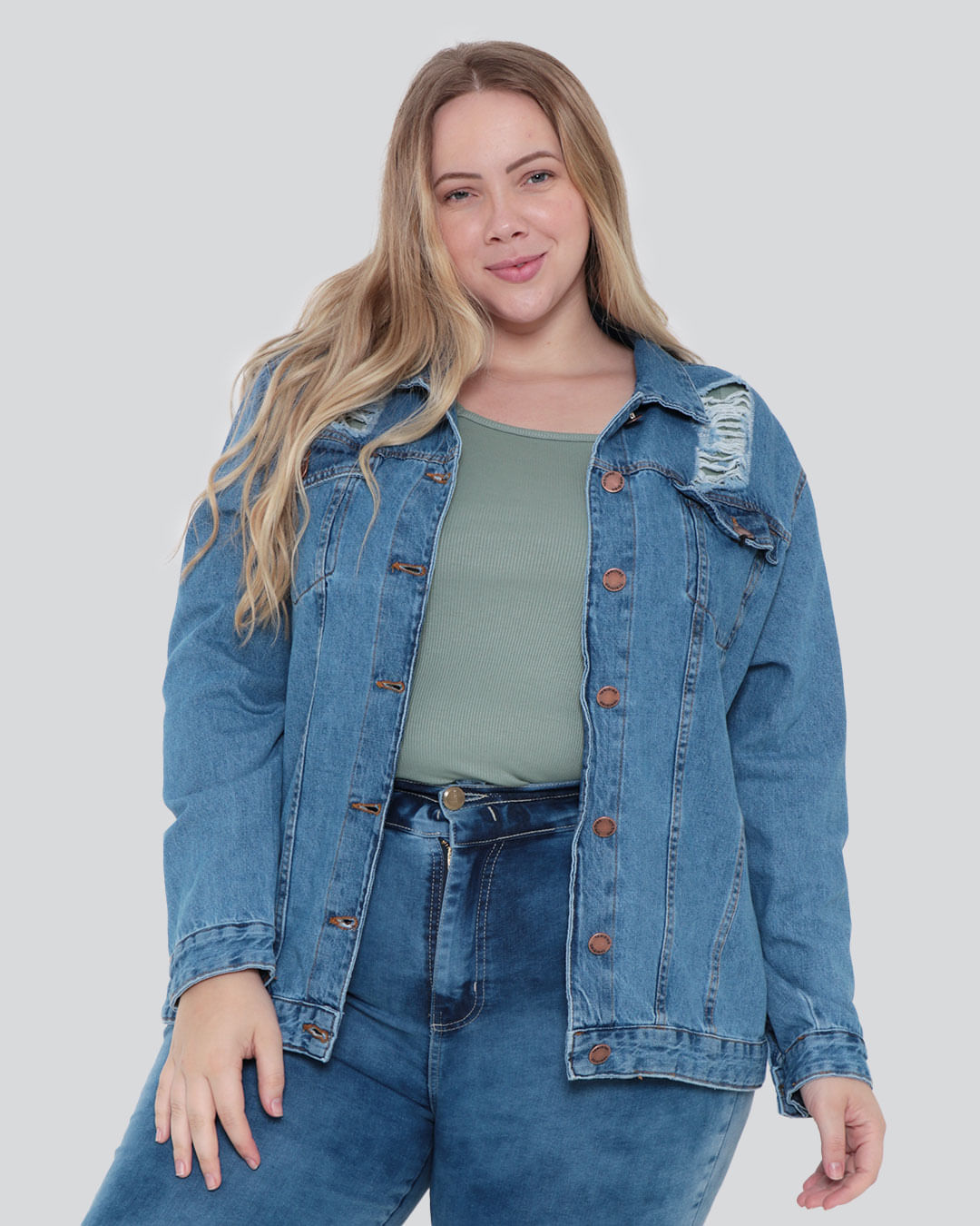 Jaqueta Jeans Plus Size Feminina Destroyed Azul