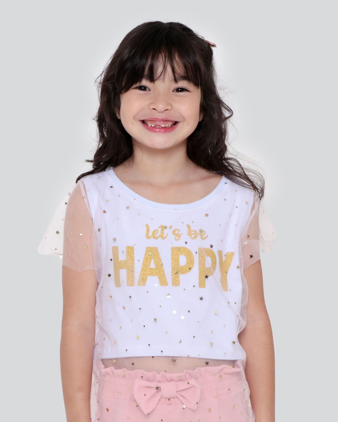 Blusa Infantil Happy Sobreposição Tule Branco