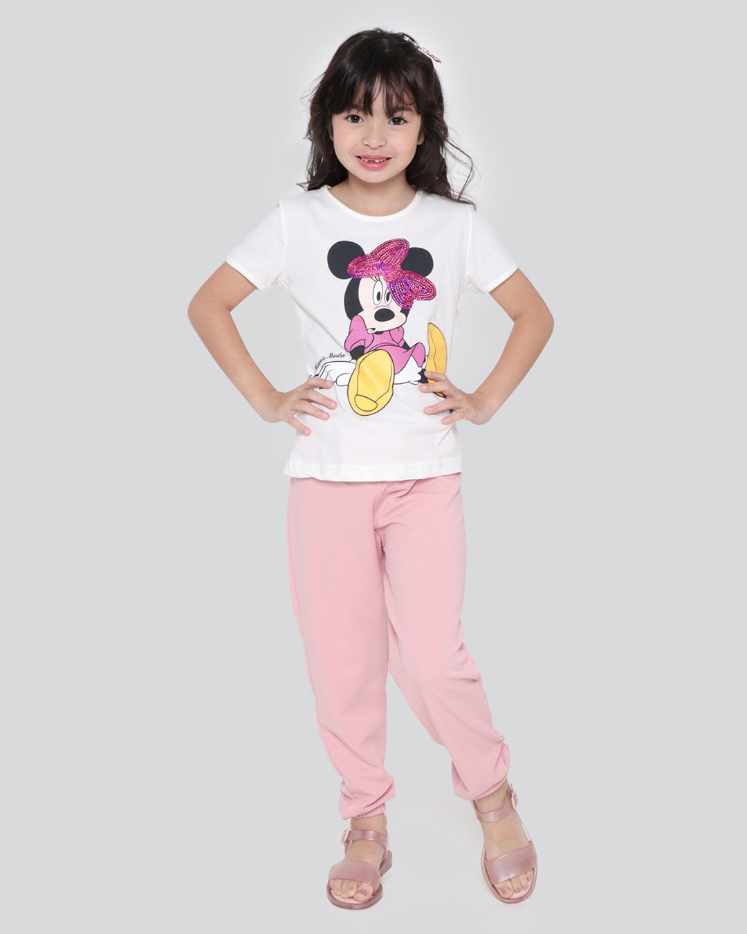 Camiseta Infantil Estampa Paetê Minnie Mouse Off White