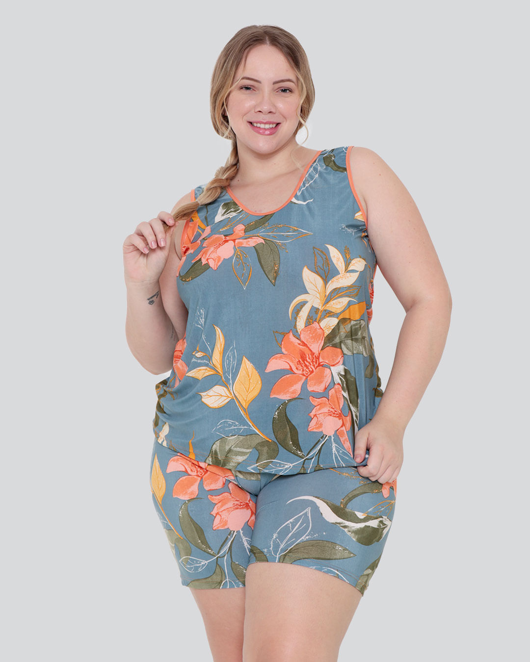 Pijama Feminino Plus Size Short Doll Liganete Floral Laranja