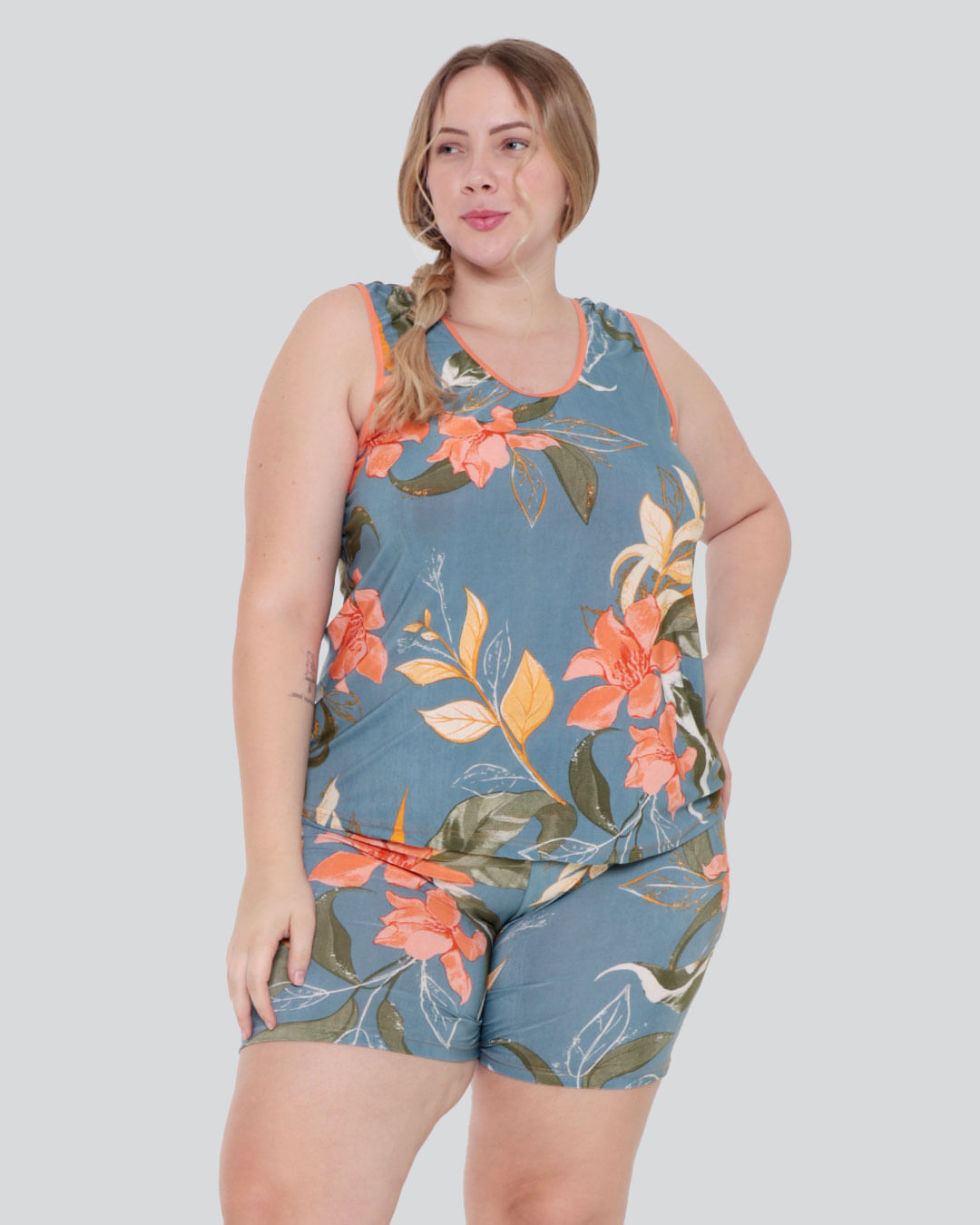 Pijama Feminino Plus Size Short Doll Liganete Floral Laranja