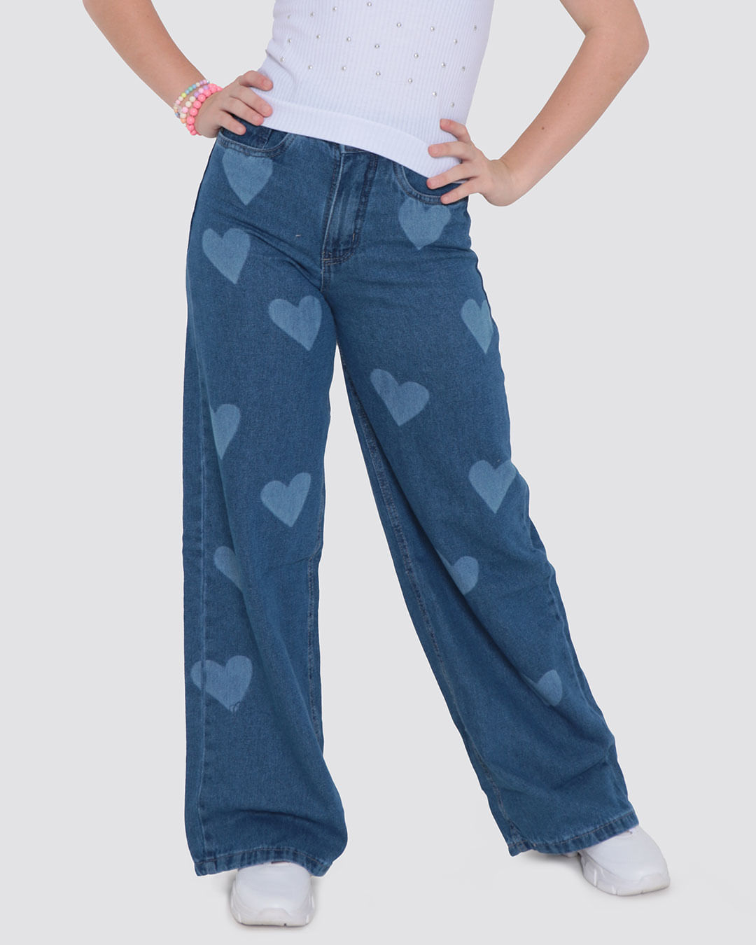 Calça Jeans Juvenil Wide Leg Coração Azul Médio