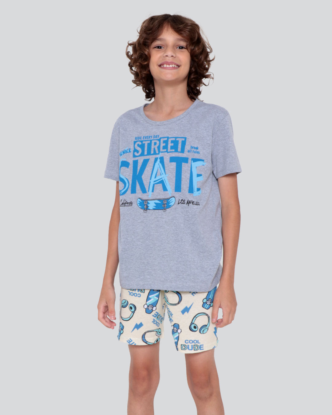 Pijama Juvenil Estampa Skate Cinza Médio