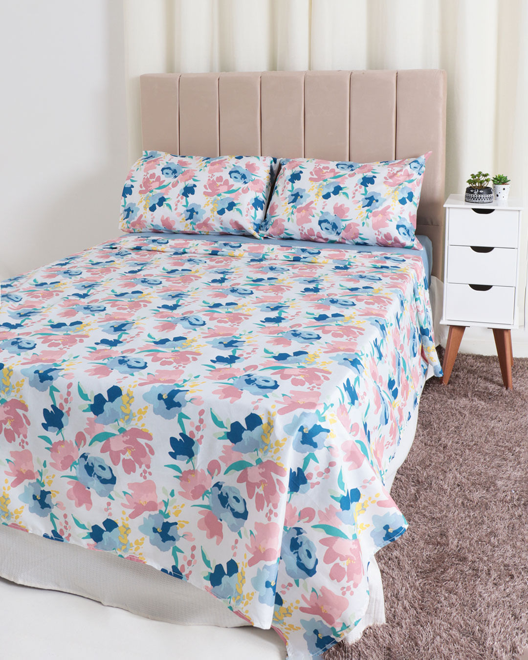 Jogo de Cama Casal 4 Peças Floral Camesa Branco