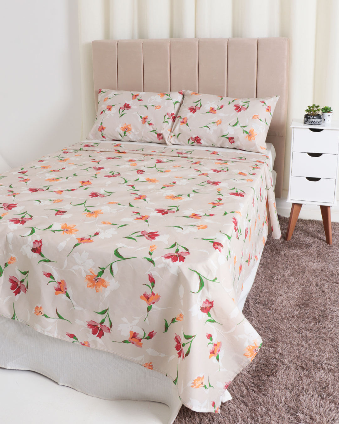 Jogo de Cama Casal 4 Peças Floral Camesa Off White