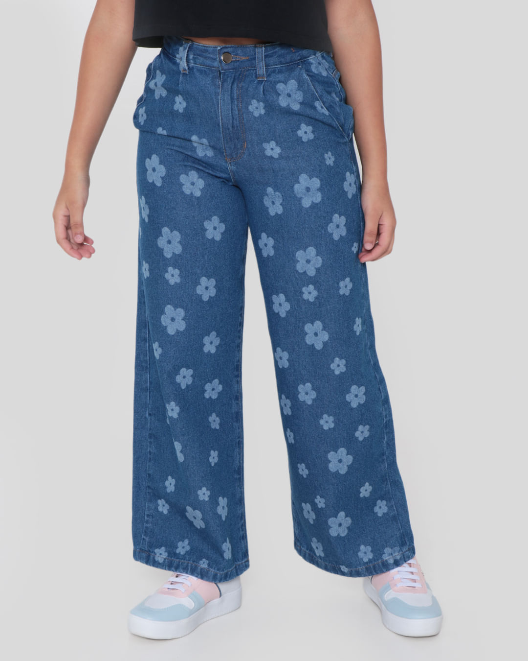 Calça Jeans Juvenil Wide Leg Floral Azul Médio