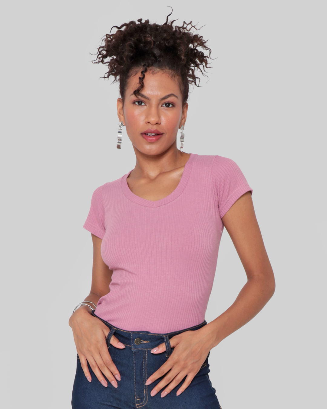 Blusa Feminina Decote V Canelada Rosa