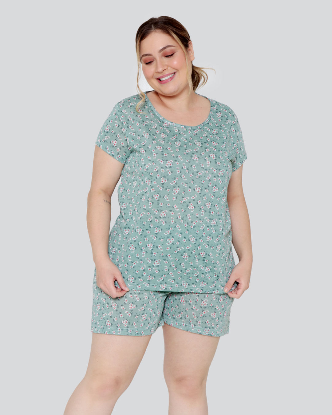 Pijama Feminino Plus Size Floral Verde