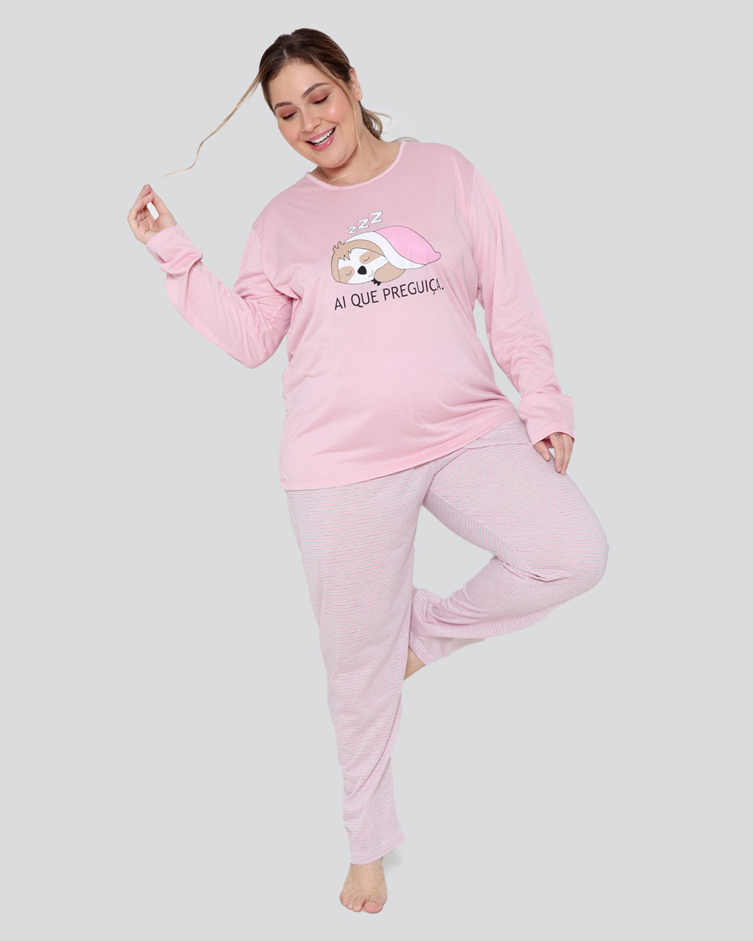 Pijama Feminino Plus Size Longo Listrado Rosa