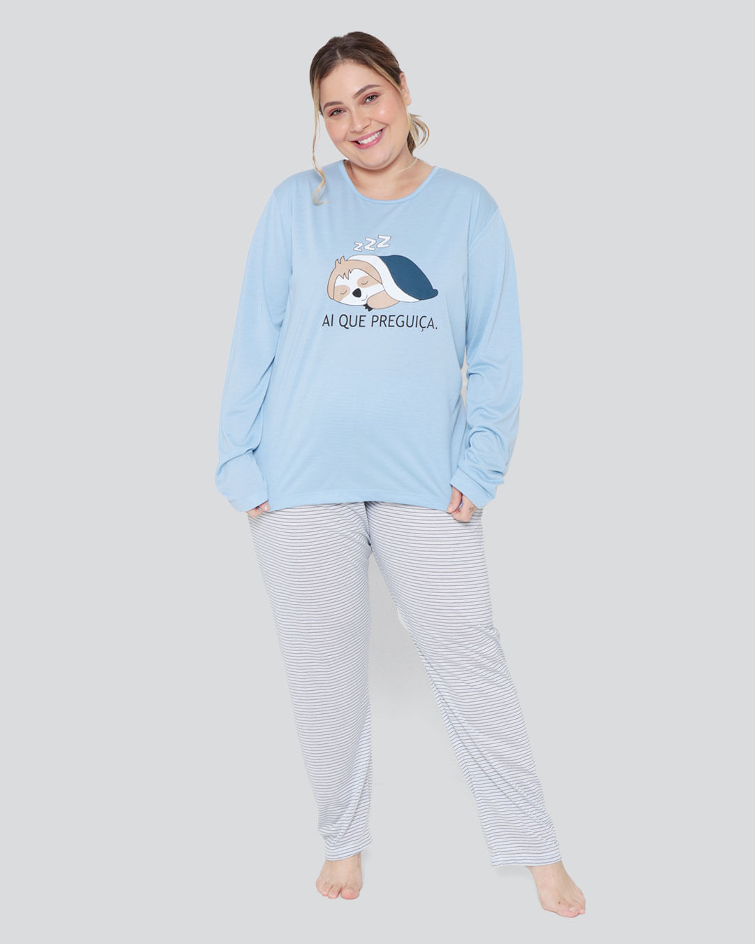 Pijama Feminino Plus Size Longo Listrado Azul