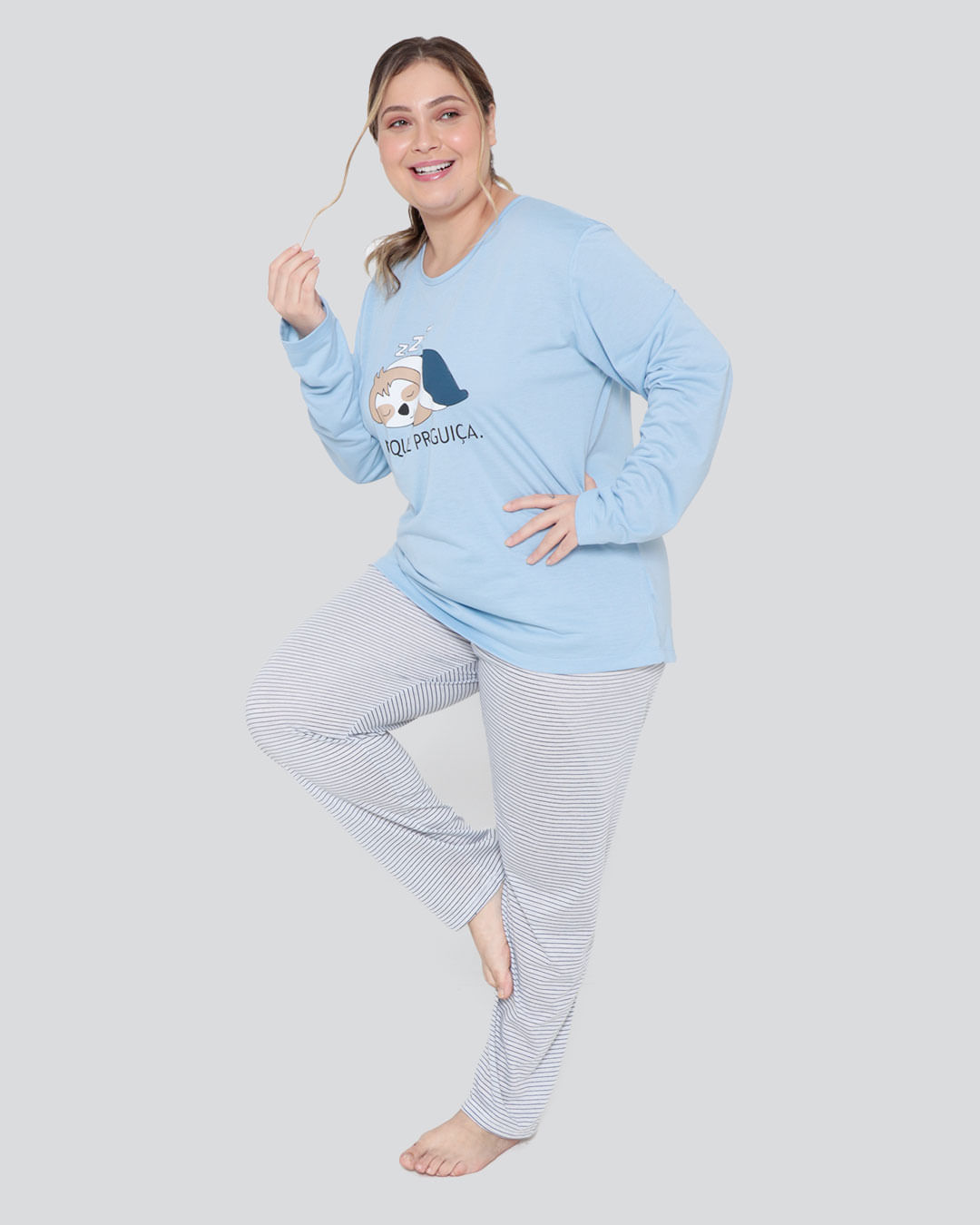 Pijama Feminino Plus Size Longo Listrado Azul