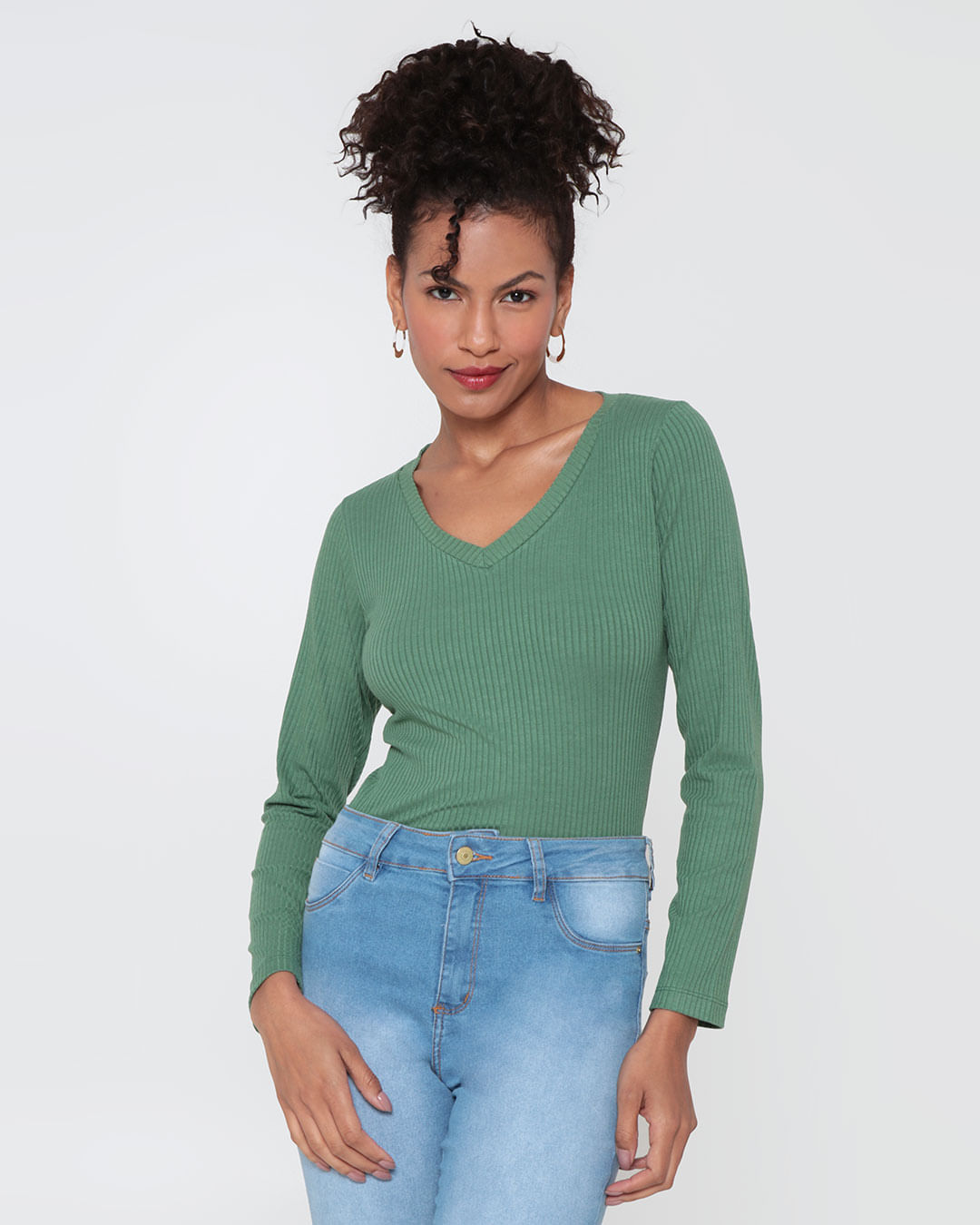 Blusa Feminina Manga Longa Canelada Verde