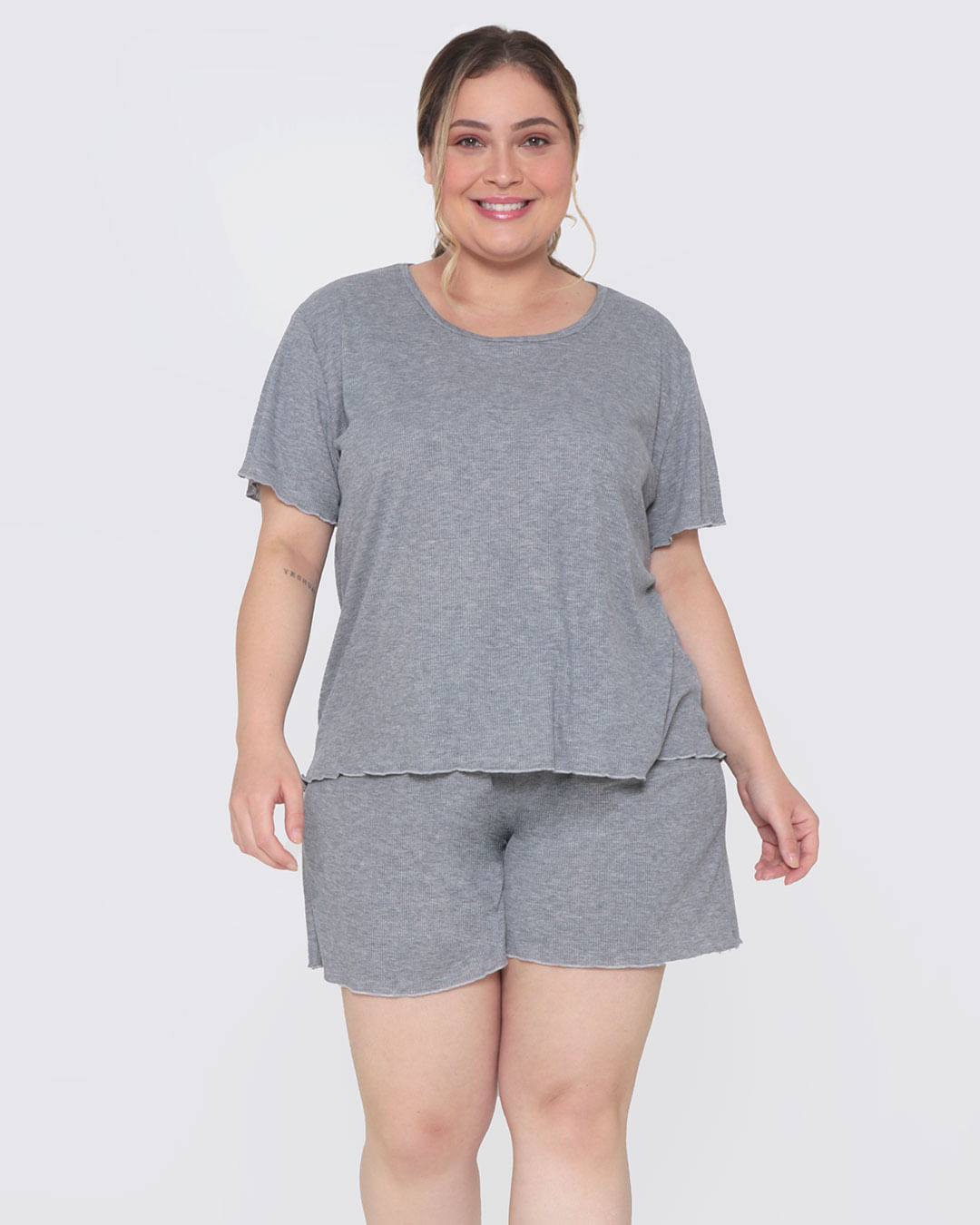 Pijama Feminino Plus Size Curto Canelado Cinza