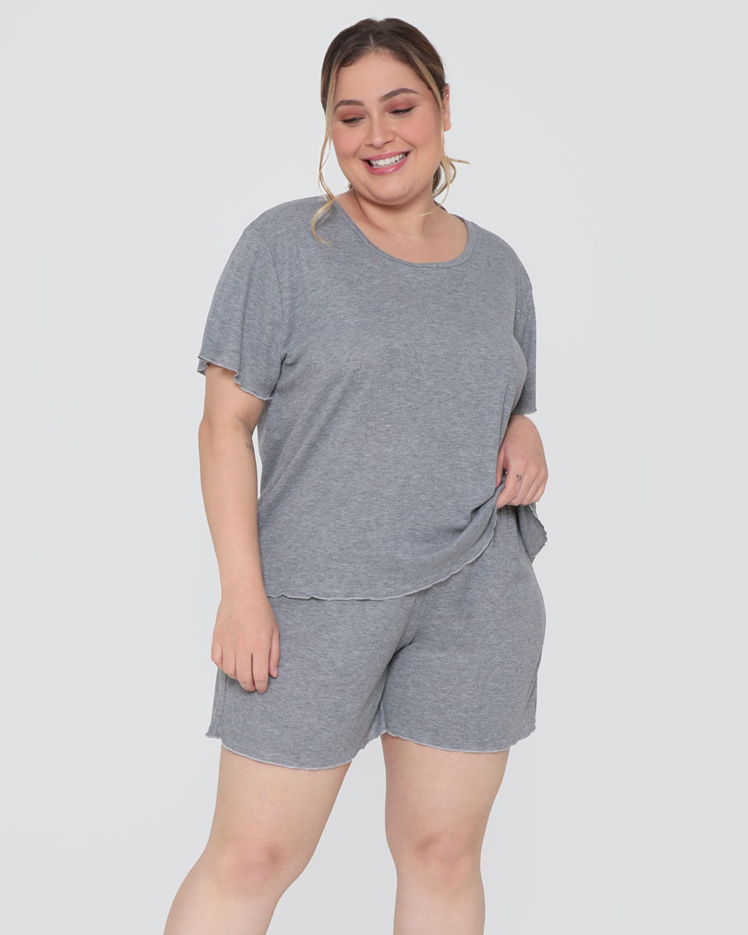 Pijama Feminino Plus Size Curto Canelado Cinza