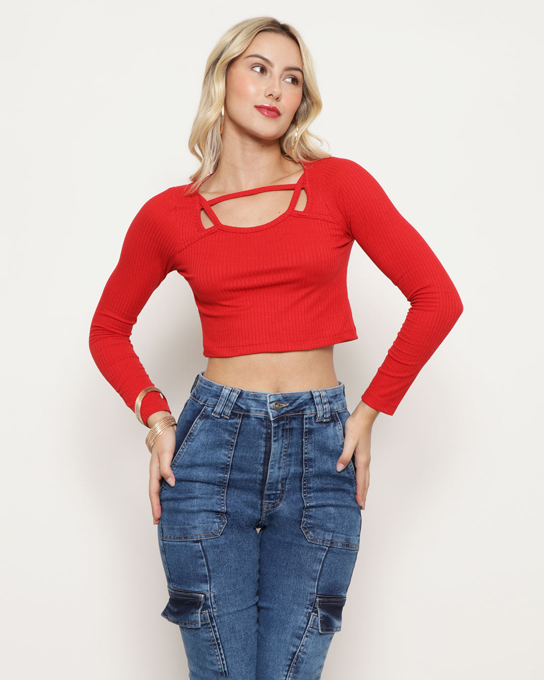 Blusa Cropped Feminina Decote Vazado Canelada Vermelha