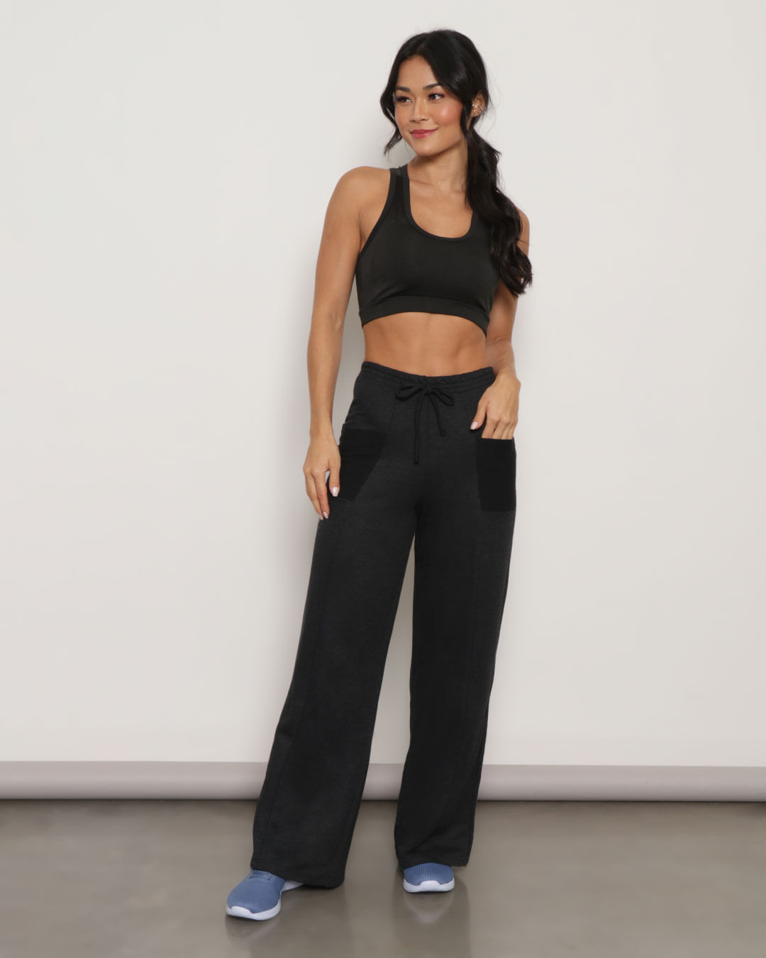 Calça Feminina Fitness Moletinho Wide Leg Fitter Preta