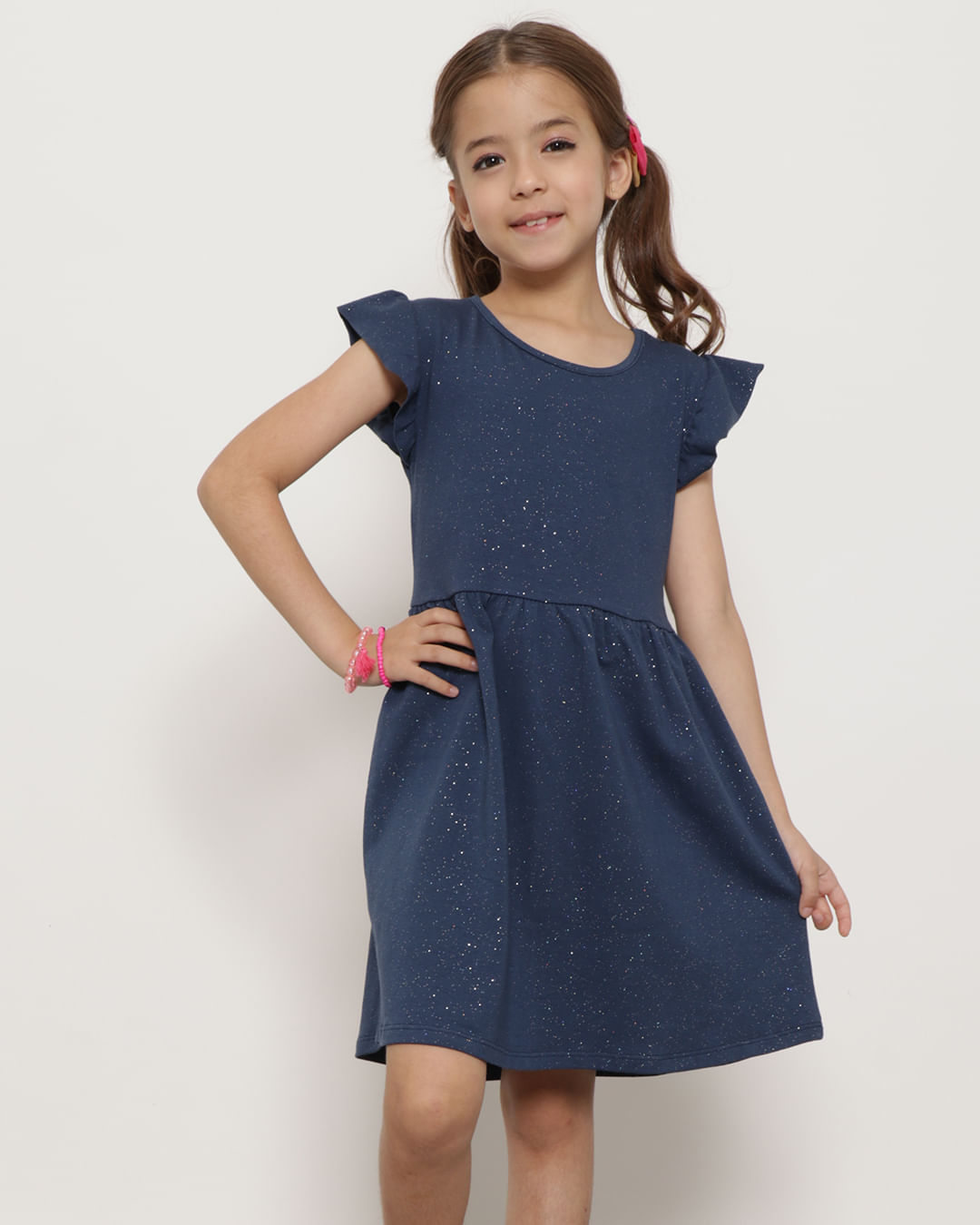 Vestido em cotton cor marinho com brilho e estampa com glitter - Moda  casual e sleepwear para crianças de 0 a 16 anos