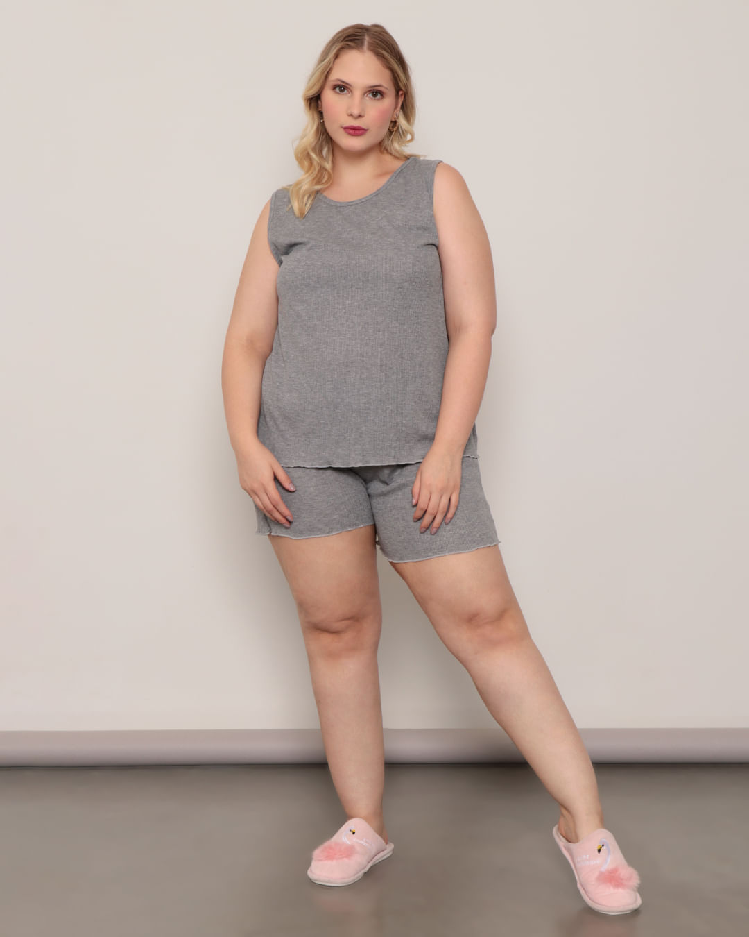 Pijama Feminino Plus Size Regata Canelado Cinza Claro