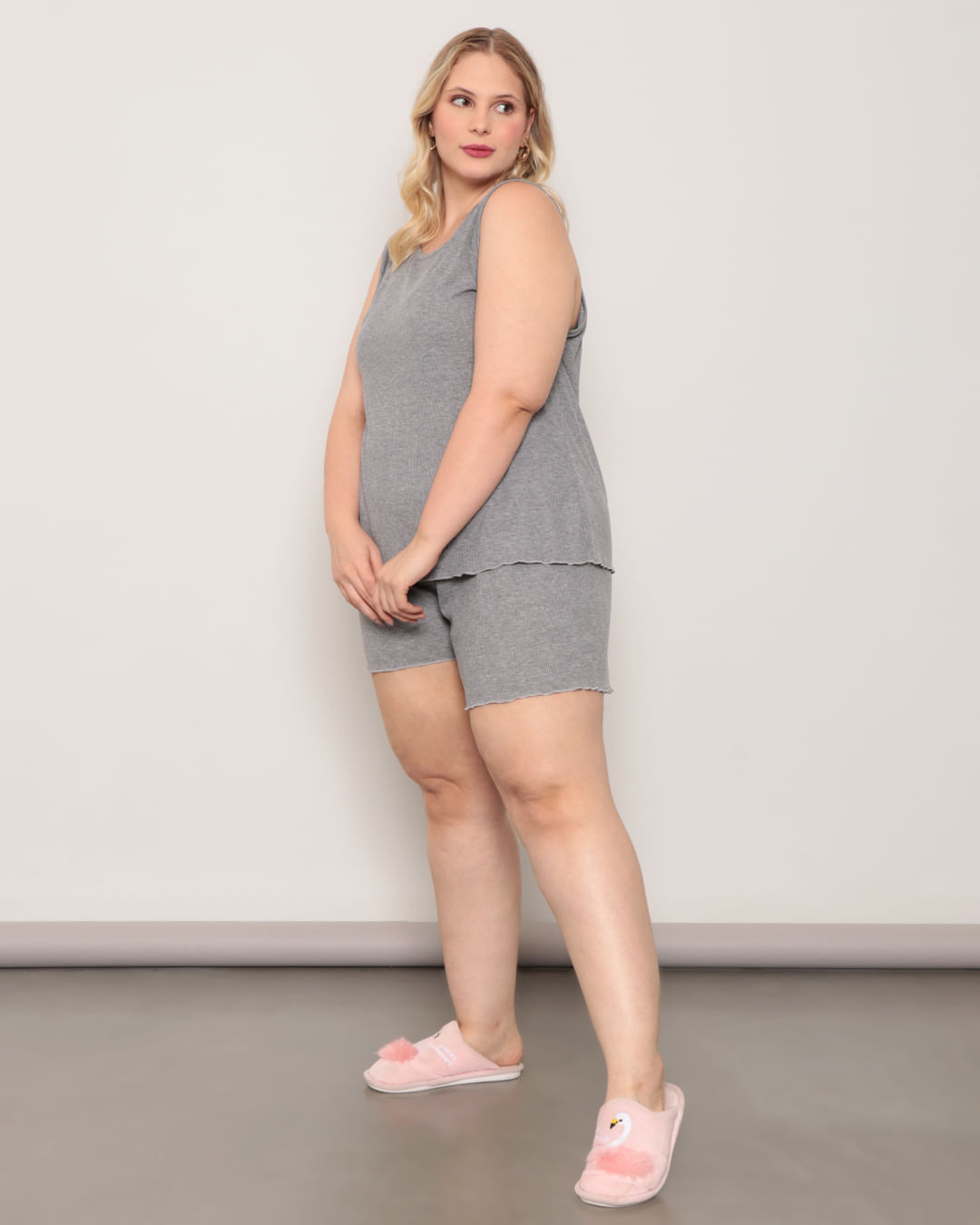 Pijama Feminino Plus Size Regata Canelado Cinza Claro