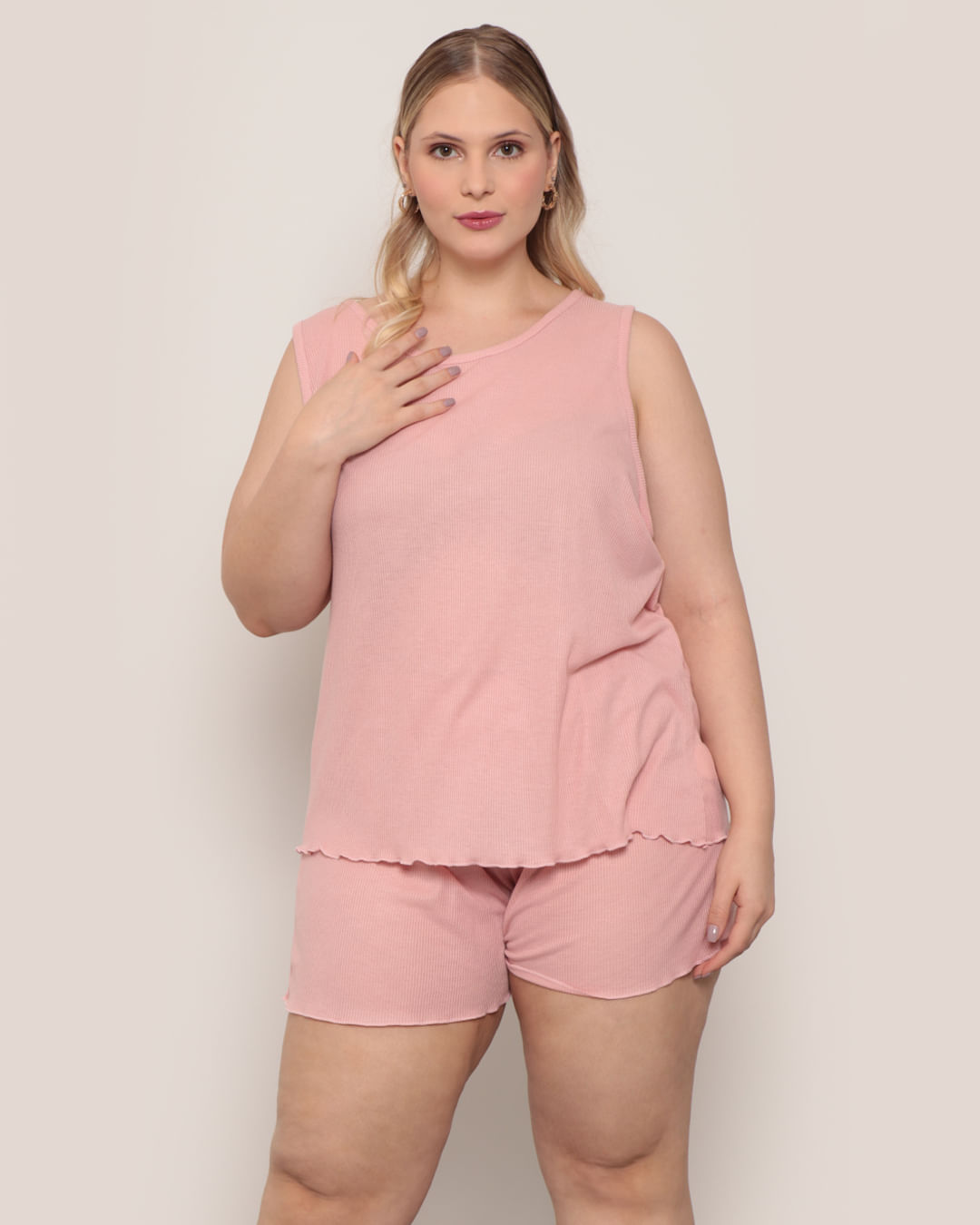 Pijama Feminino Plus Size Regata Canelado Rosa Claro