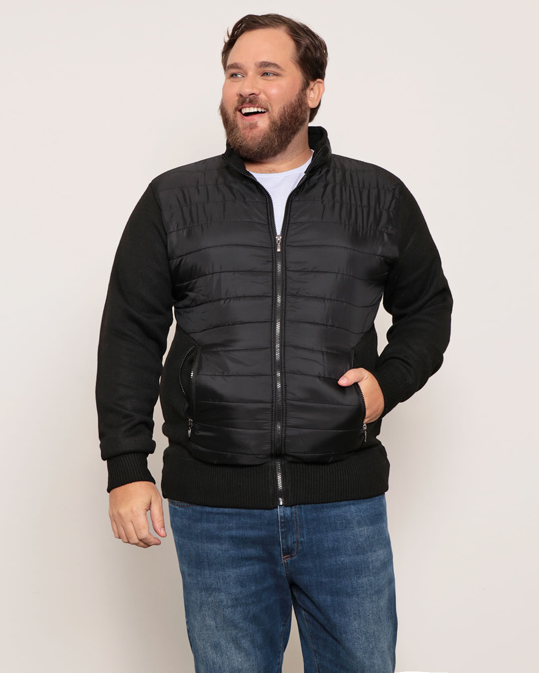 Jaqueta Masculino Plus Size Puffer Tricô Com Zíper Preto