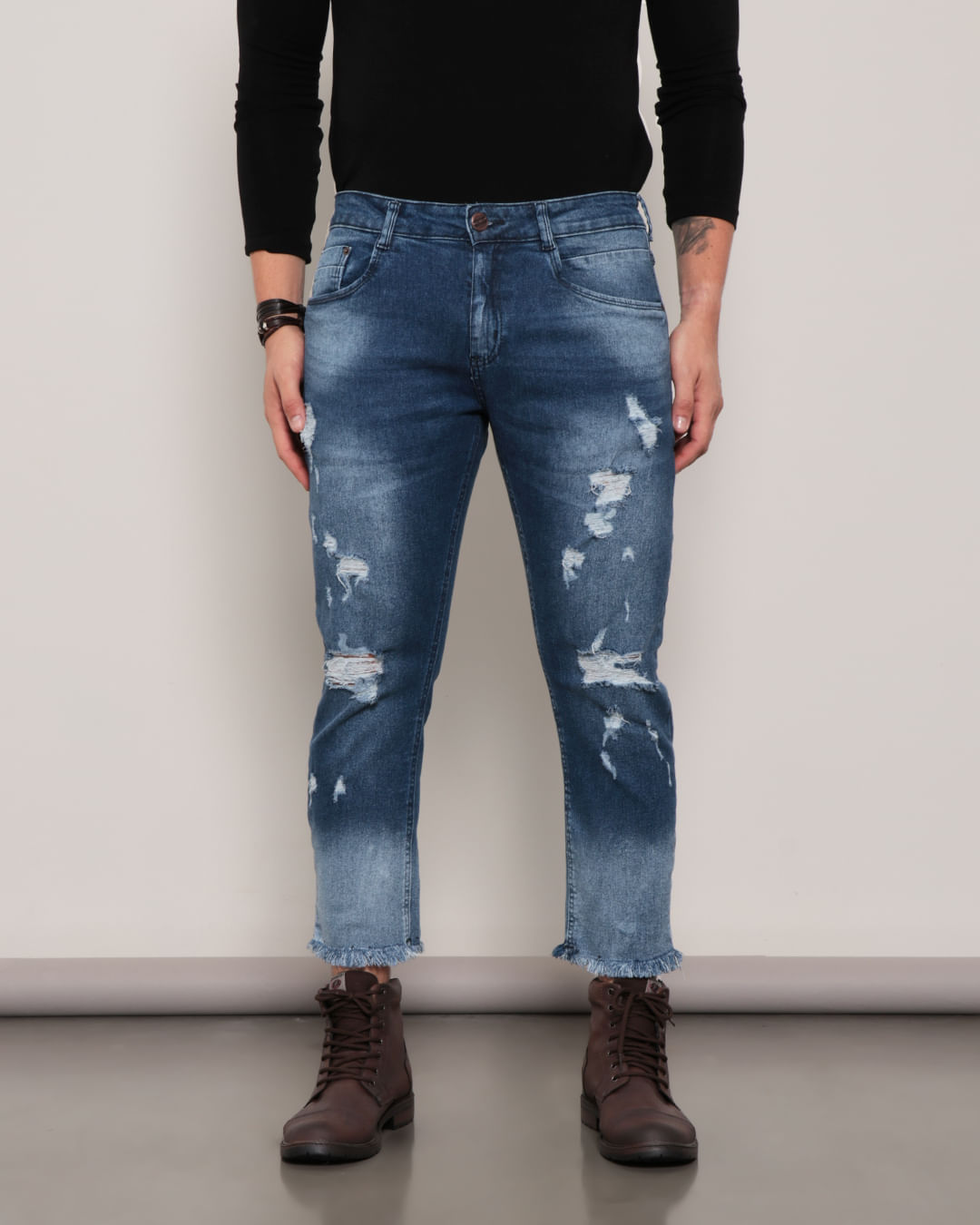 Calça Jeans Masculina Cropped Destroyed Azul
