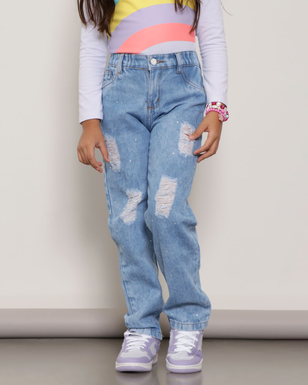 Calça Jeans Infantil Destroyed Com Strass Reta Azul