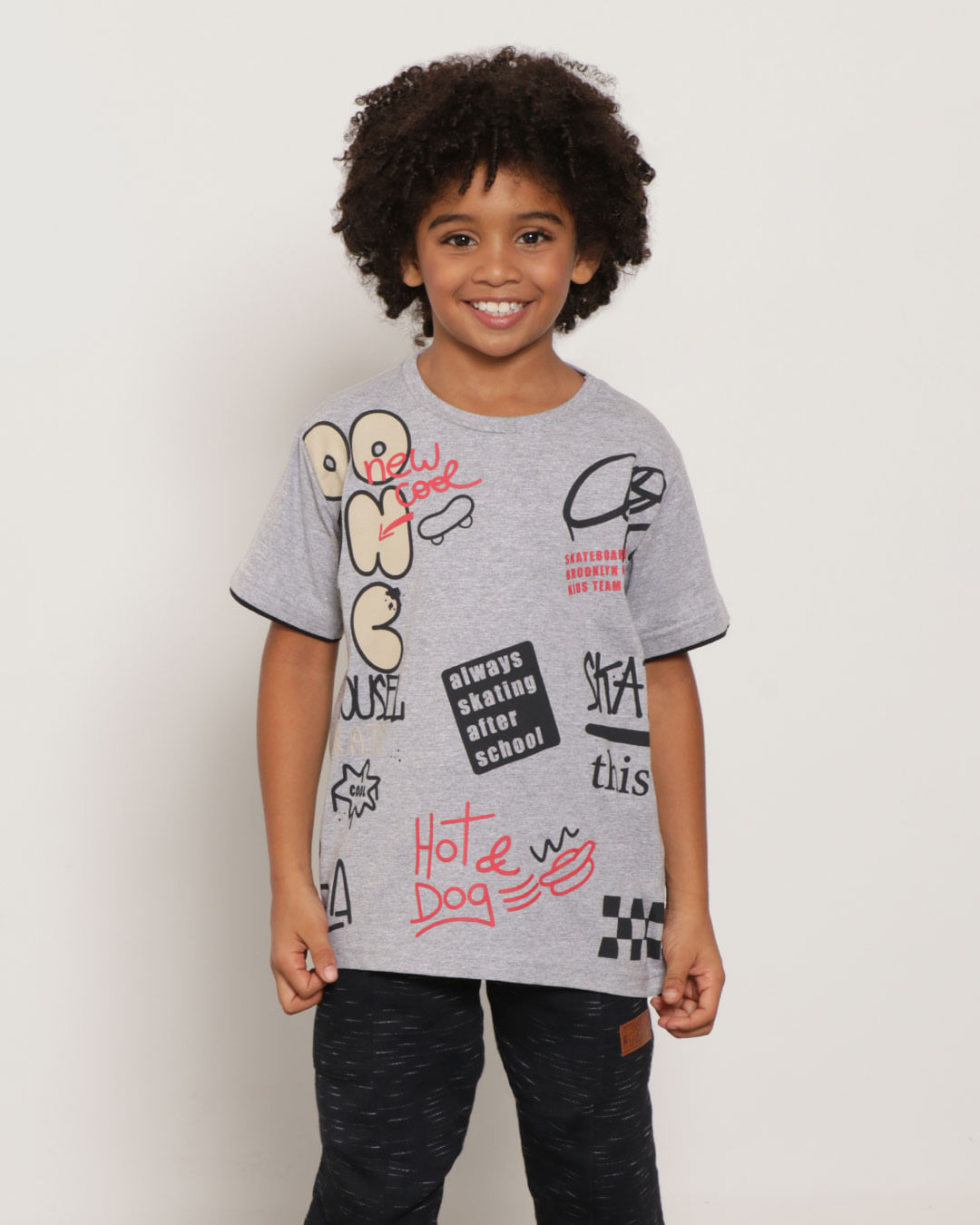 Camiseta Infantil Estampada Manga Curta Mescla Cinza