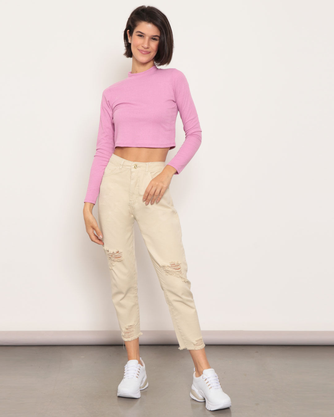 Blusa Feminina Cropped Canelada Mescla Rosa