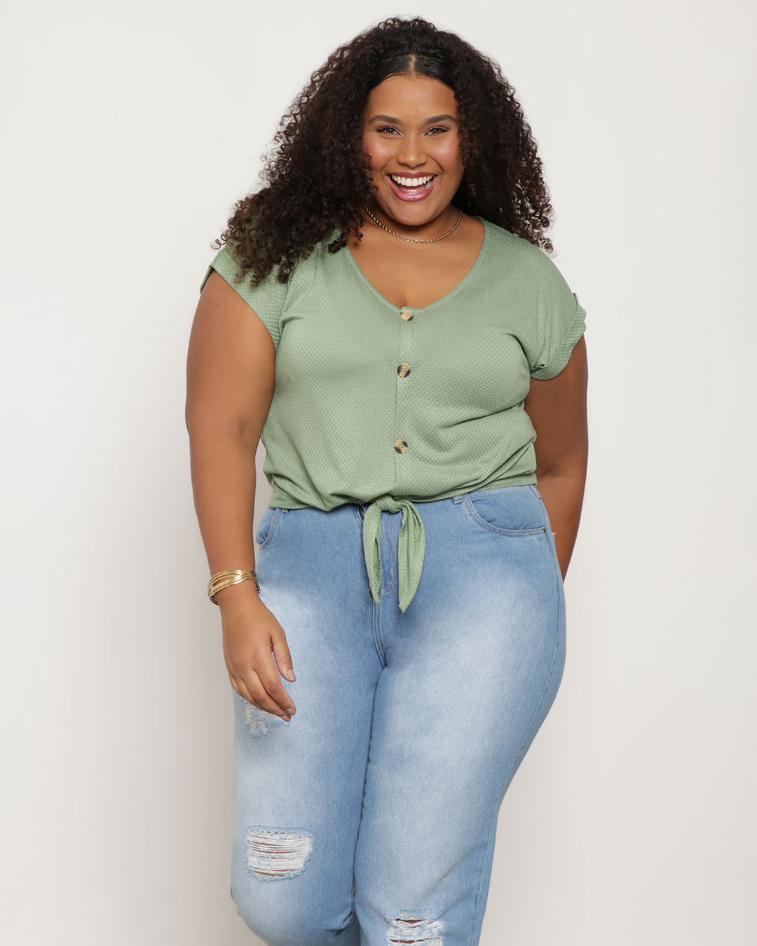 Blusa Feminina Plus Size Decote V Com Amarração Verde