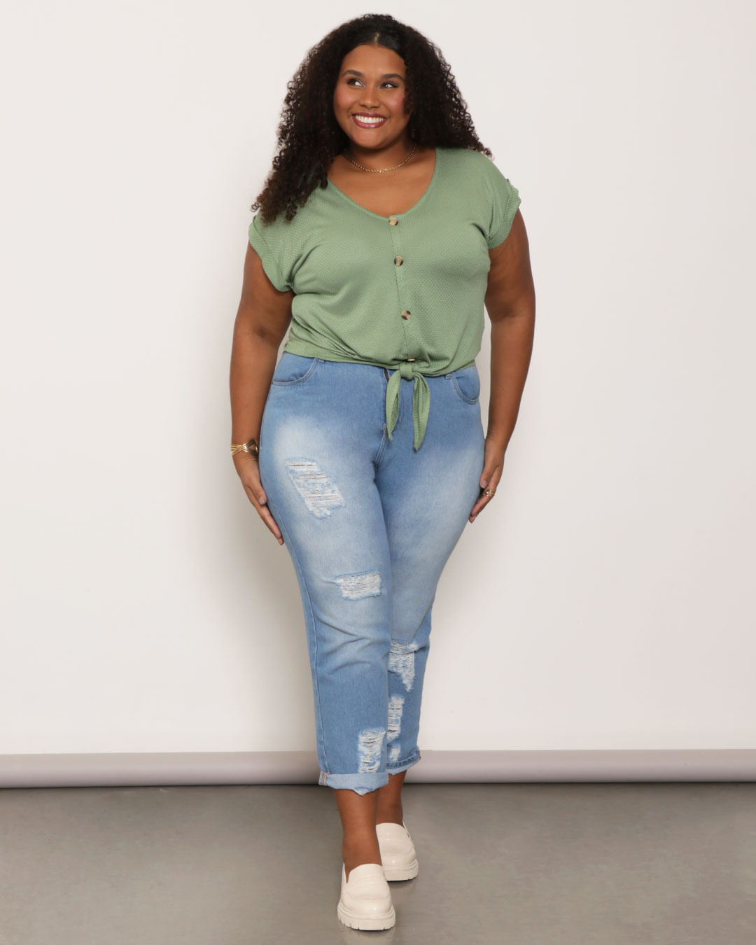 Blusa Feminina Plus Size Decote V Com Amarração Verde