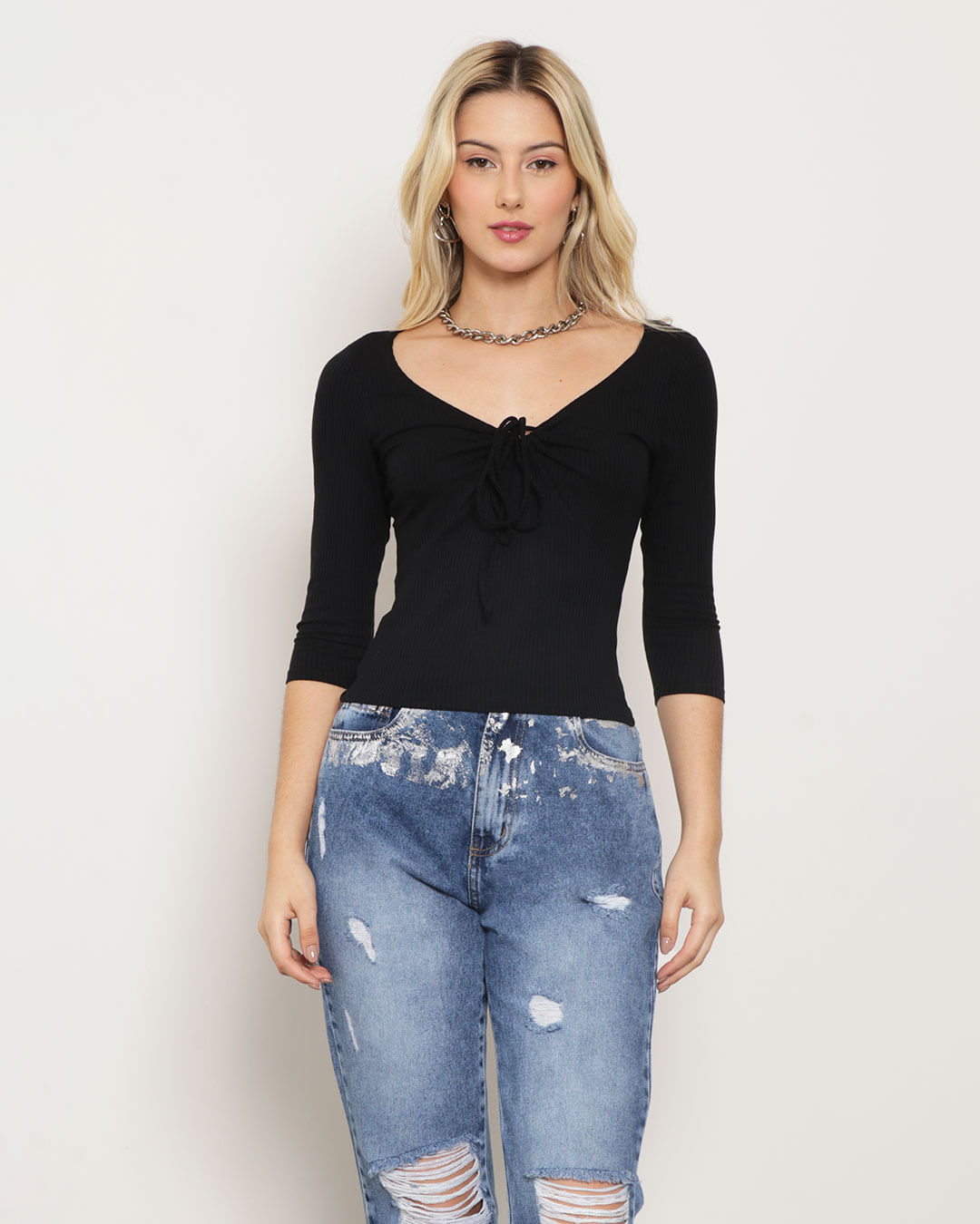 Blusa Feminina Cropped Canelado Decote V Preto