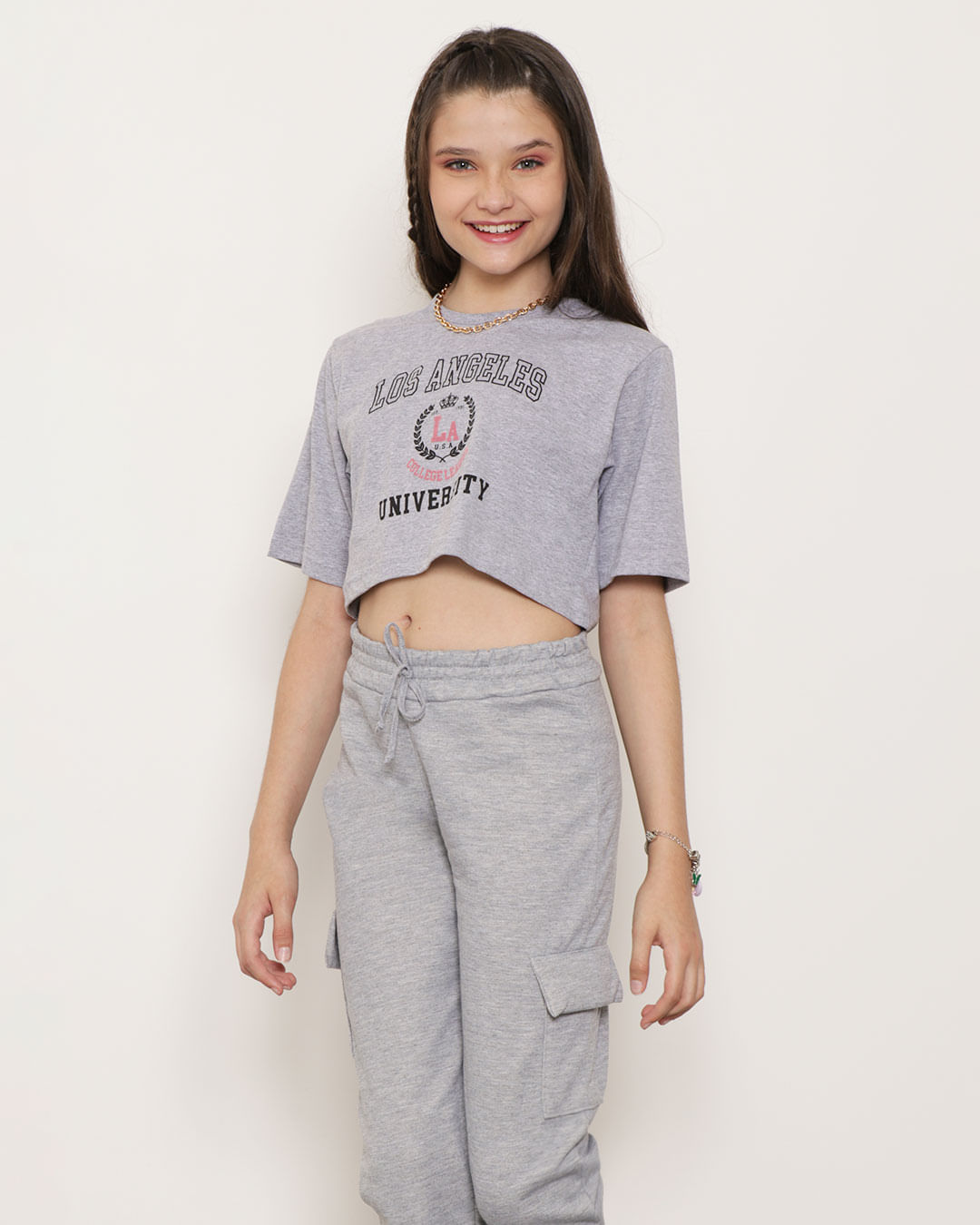 Blusa Cropped Juvenil Estampa Los Angeles Cinza