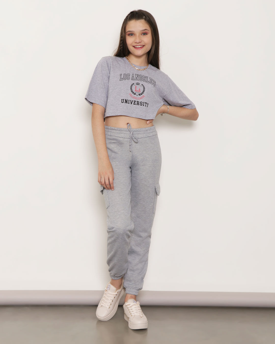 Blusa Cropped Juvenil Estampa Los Angeles Cinza