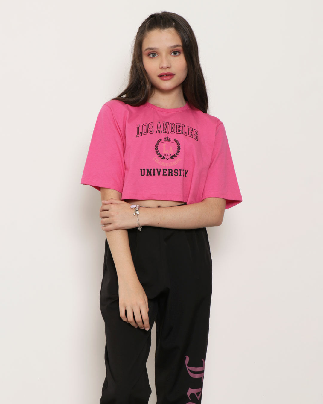 Blusa Cropped Juvenil Estampa Los Angeles Rosa