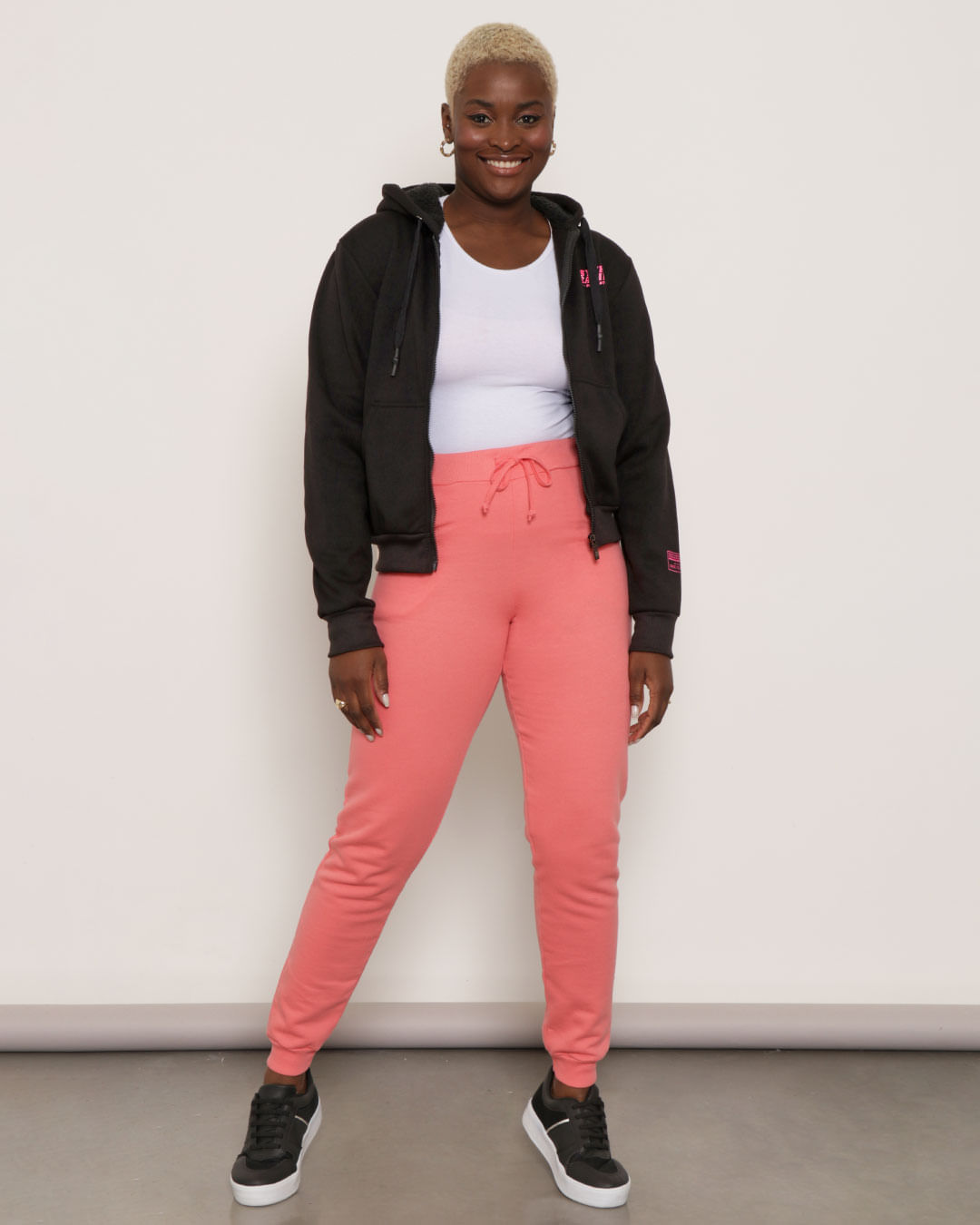 Calça Moletom Feminina Com Bolso Jogger Rosa