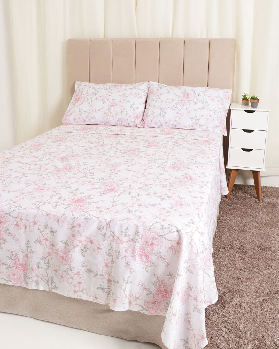 Jogo de Cama King Algodão Estampa Floral Andreza Rosa