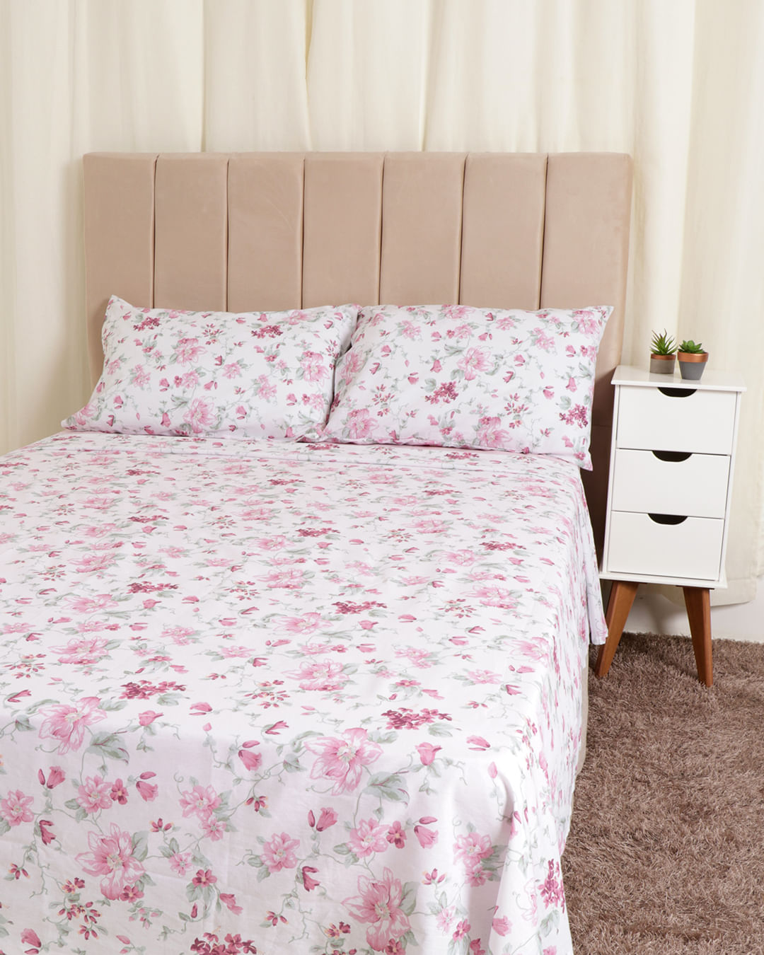 Jogo De Cama Queen Algodão Estampa Floral Andreza Branco