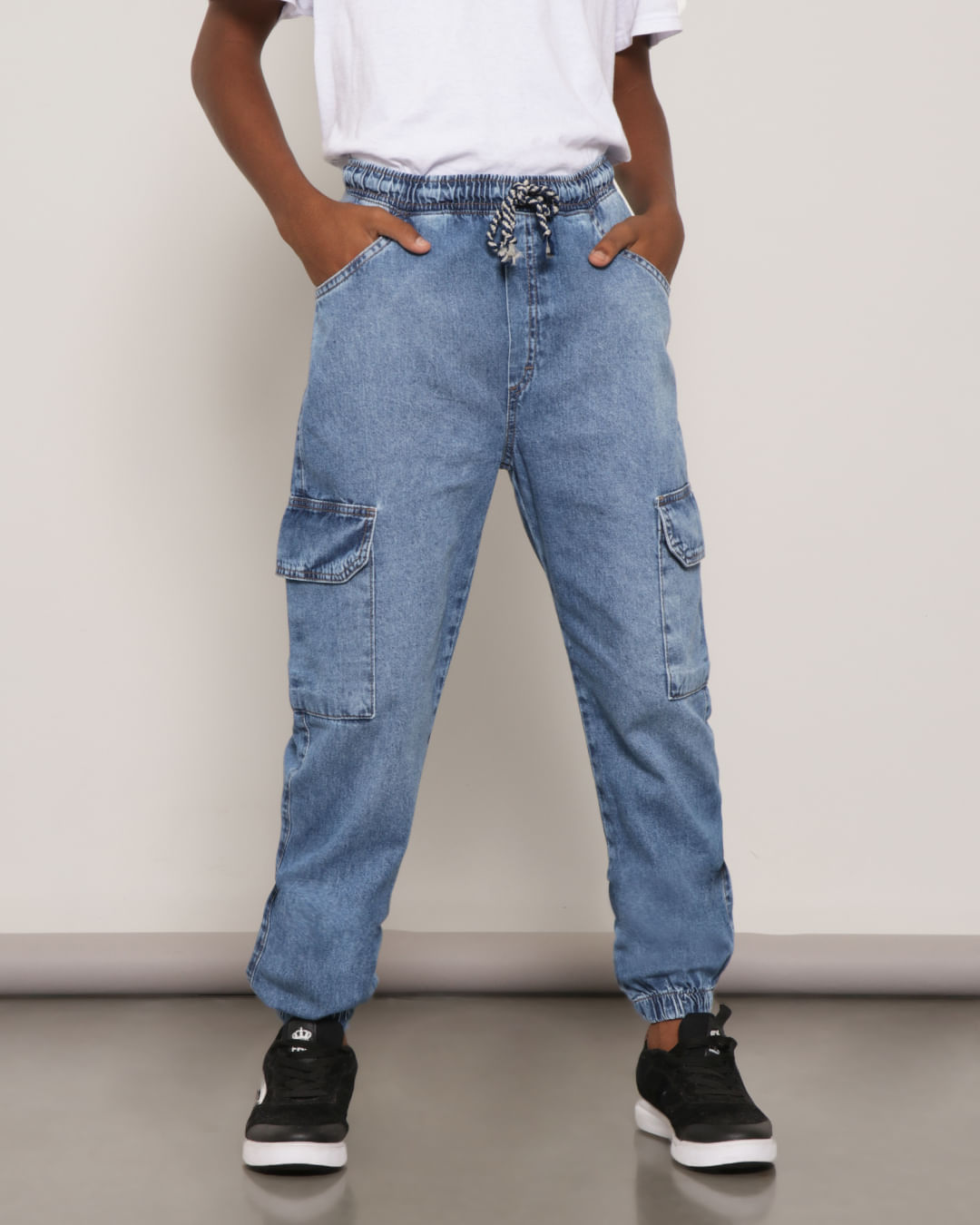 Calça Jeans Juvenil Jogger Bolso Cargo Azul